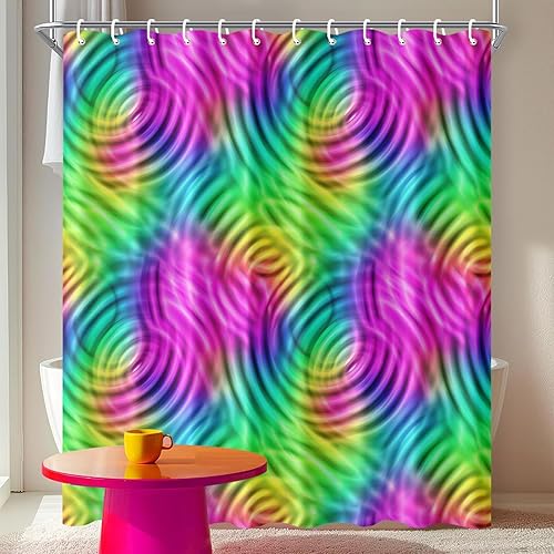 Cortina de ducha con diseño de ondas arcoíris de 72 x 72 pulgadas, cortina de baño colorida con tela de diseño de remolino de neón para decoración