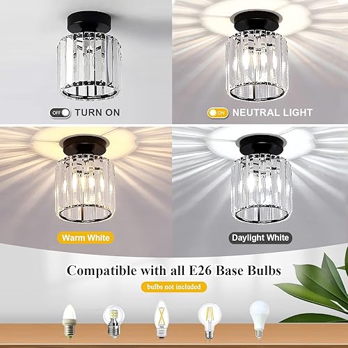 Miniatura 3 de Flyrose Moderna lámpara de techo de montaje semiempotrado, color negro, antiguo pequeño candelabros de cristal, accesorios de luz de pasillo de