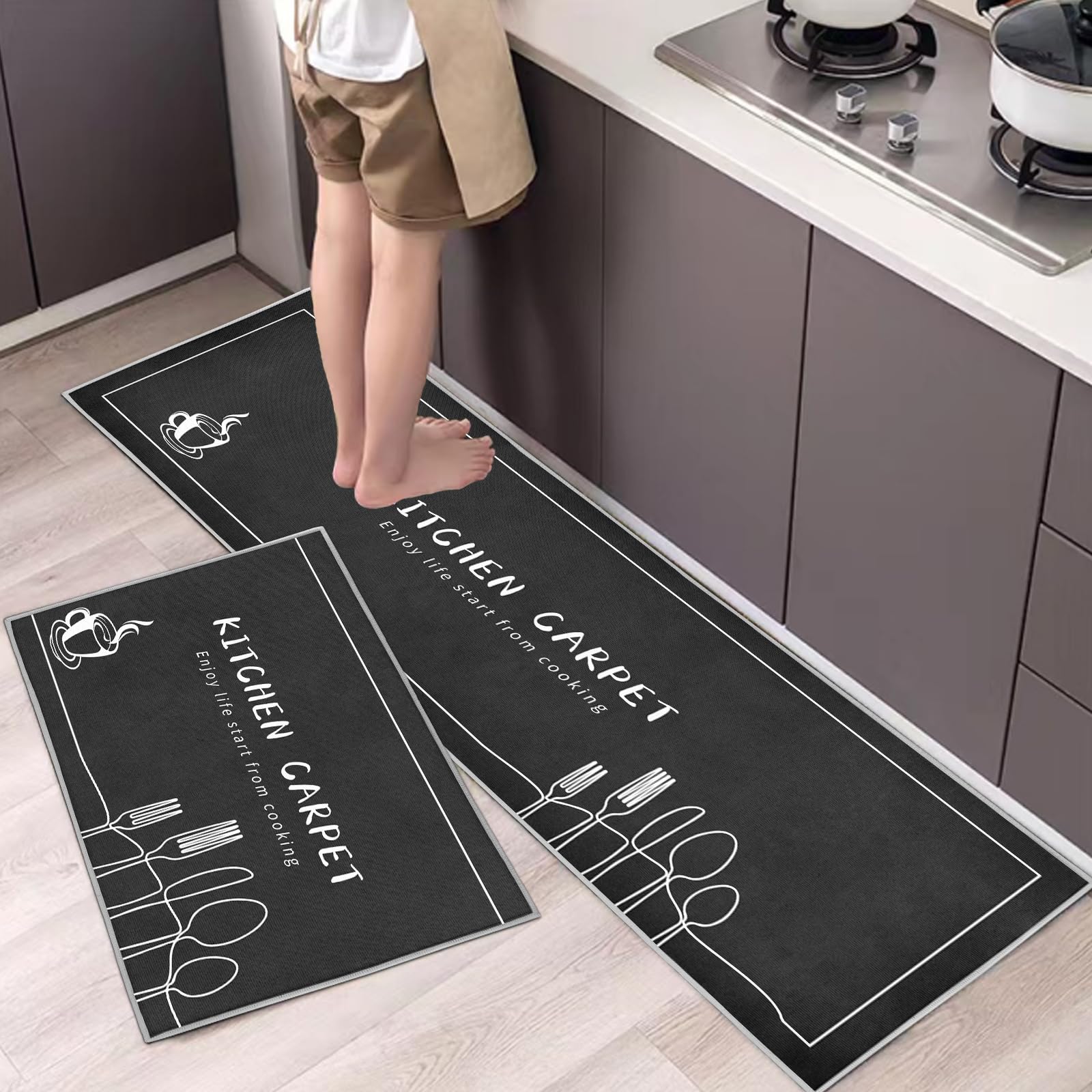 Küchenteppiche 2 Stück, Rutschfestes Küchenmatten,Wasser und Öl aufnehmen Küche Matten Fußmatte Teppich Set,Staubdicht Fußmatte für Drinnen (40x60+40x120cm, Gabel grau)