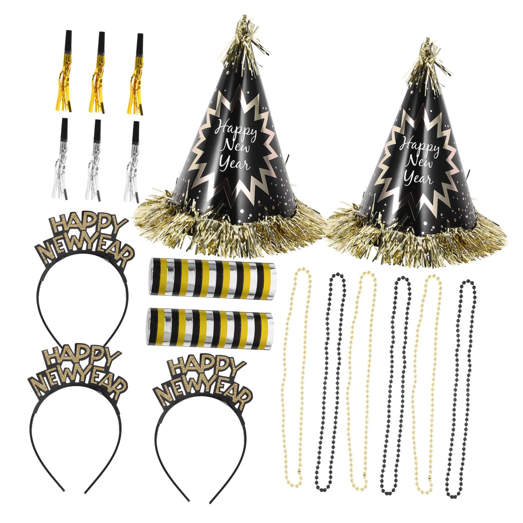 Neujahrs-Feierhut-Set Schwarz-Gold mit Stirnband Papierhut und Krachmacher Sichere Materialien Vielseitige Silvester-Deko für festliche Jahreswechsel-Feiern und Geburtstage