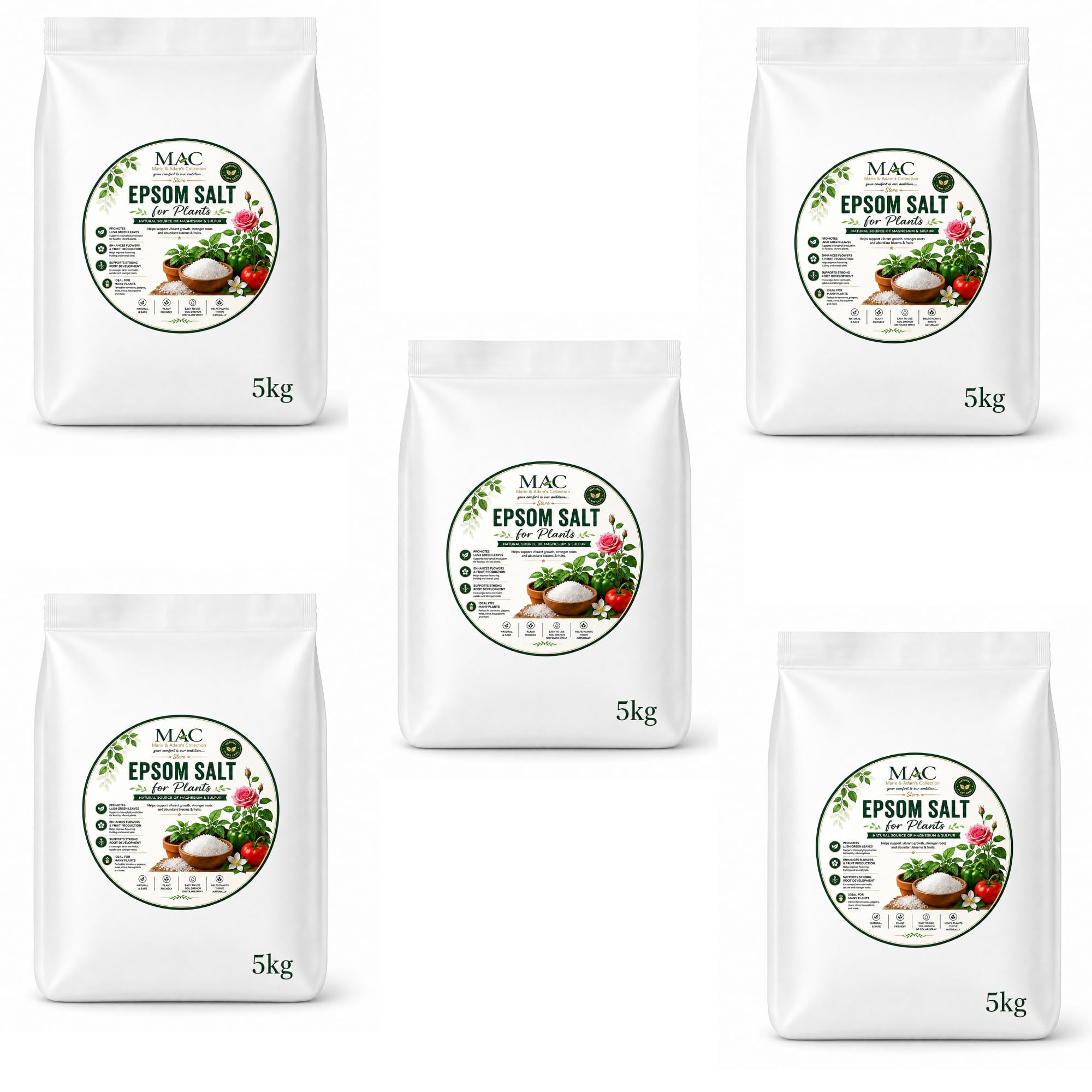 Epsom Salt for Plants 5kg โ Magnesium Sulphate Crystals for Roses, Tomatoes, Flowers, Vegetables, Houseplants, Greenhouse