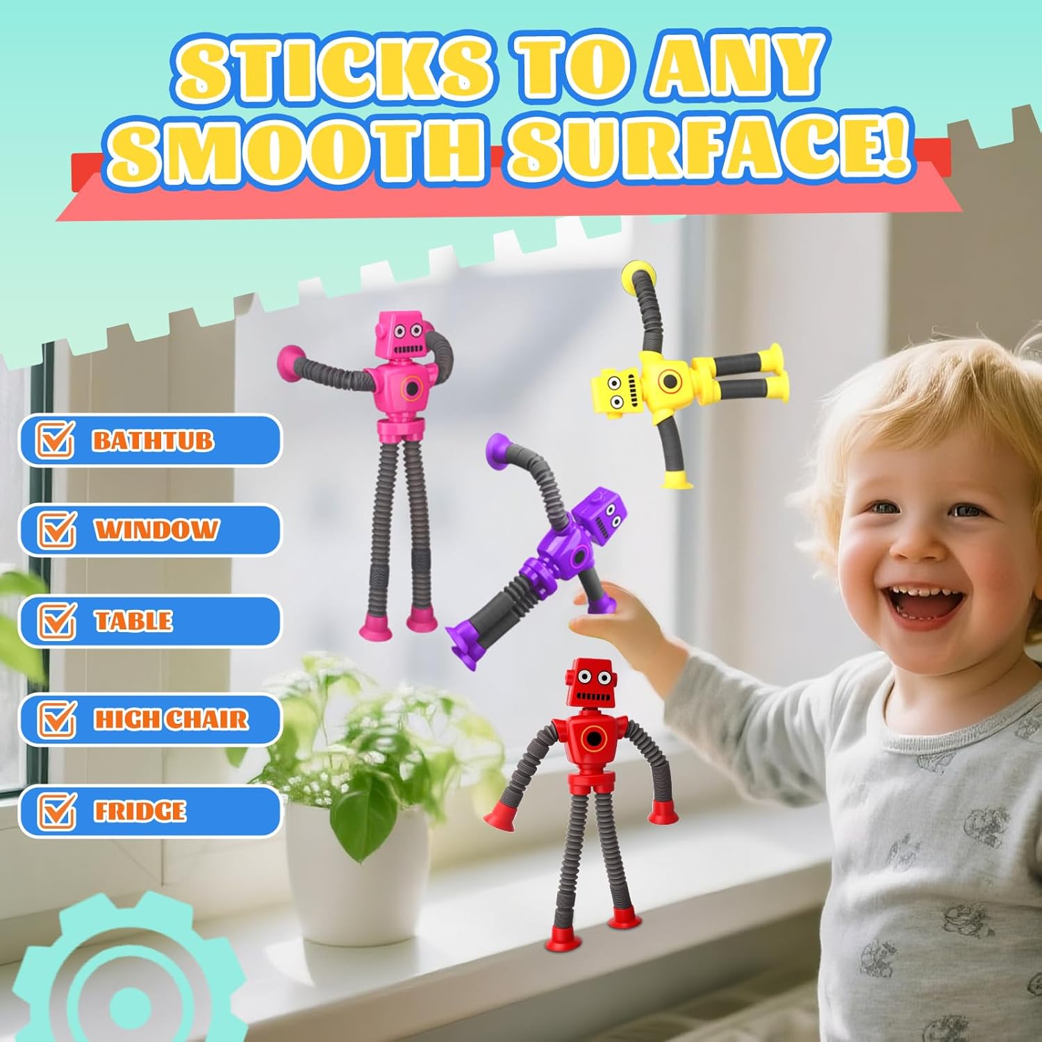 16PCS Suction Cup Robot Toy, Transformable Telescopic Pop Tubes Sensory Toy for Kids Adults, Funny Robot Action Figure Bendable Fidget Toy Gift Birthday Party Favors Christmas