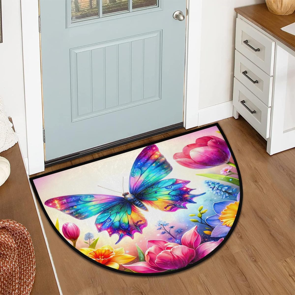 Rainbow Butterfly Flower Half Round Door Mat Non-Slip Soft Semi Circle Rug Washable Half Moon Welcome Entrance Doormat for Outdoor Indoor Floor Indoor Bedroom Bathroom Home Kitchen Decor