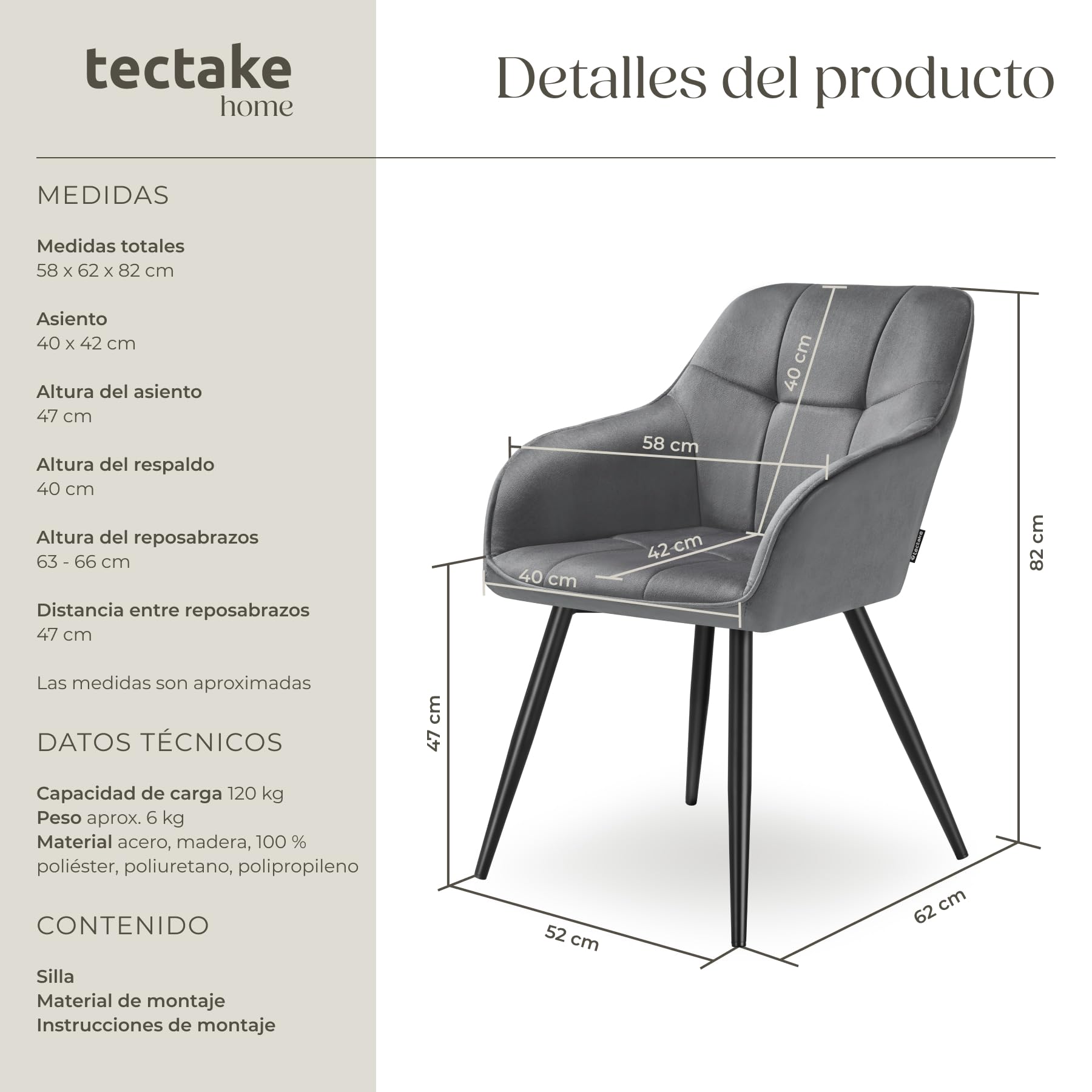 tectake® Silla de Comedor con Tapizado Aterciopelado Acolchado, Silla de Cocina Elegante y Moderna, Patas de Acero, Fácil Limpieza, Ideal Silla Salón, Tocador, Dormitorio - 1 Silla Gris/Negro