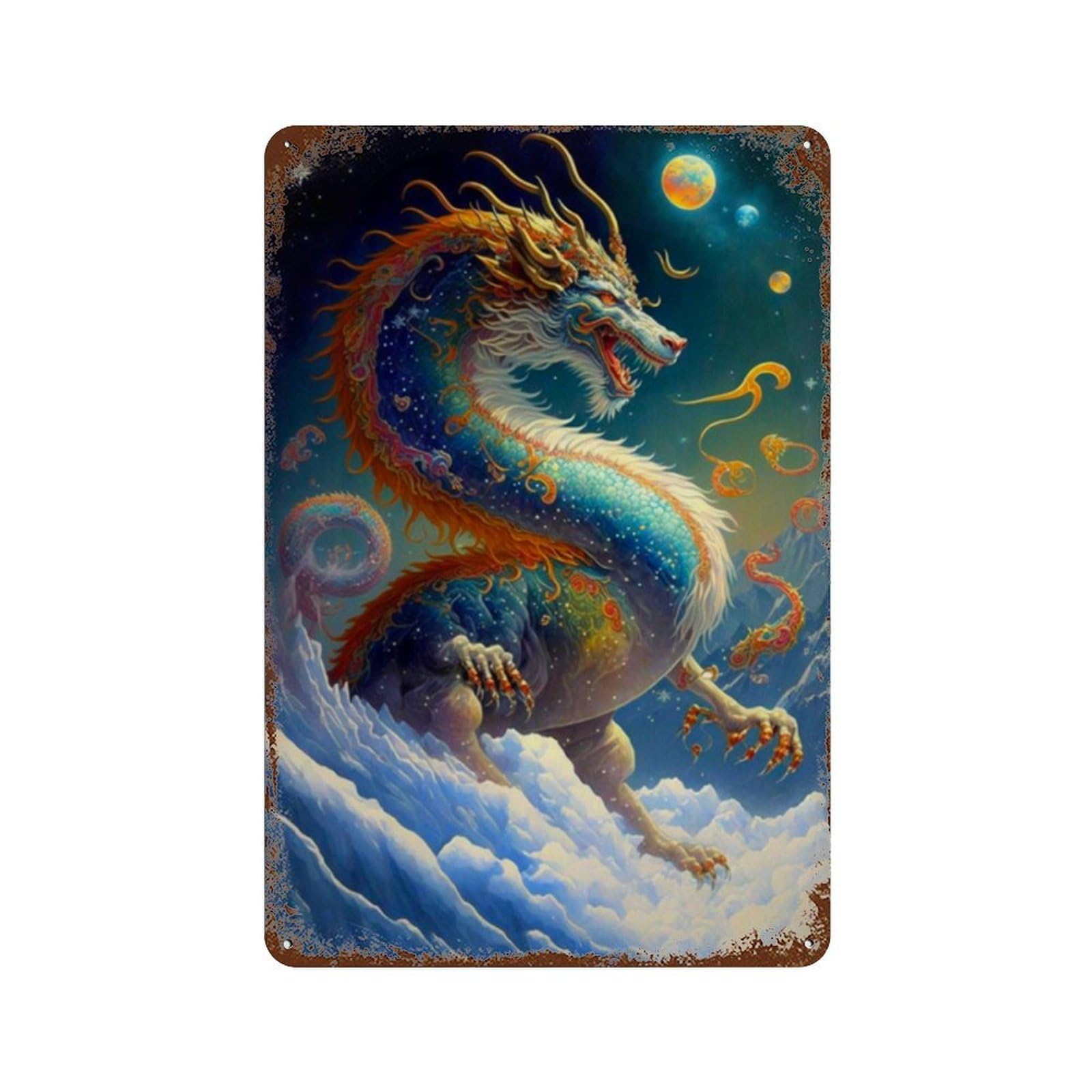 Vintage Rust Metal Sign Fantasy Dragon Art Print-7 11.8"x7.9", Old School Wall Decor for Garage, Bar And Workshop Decor