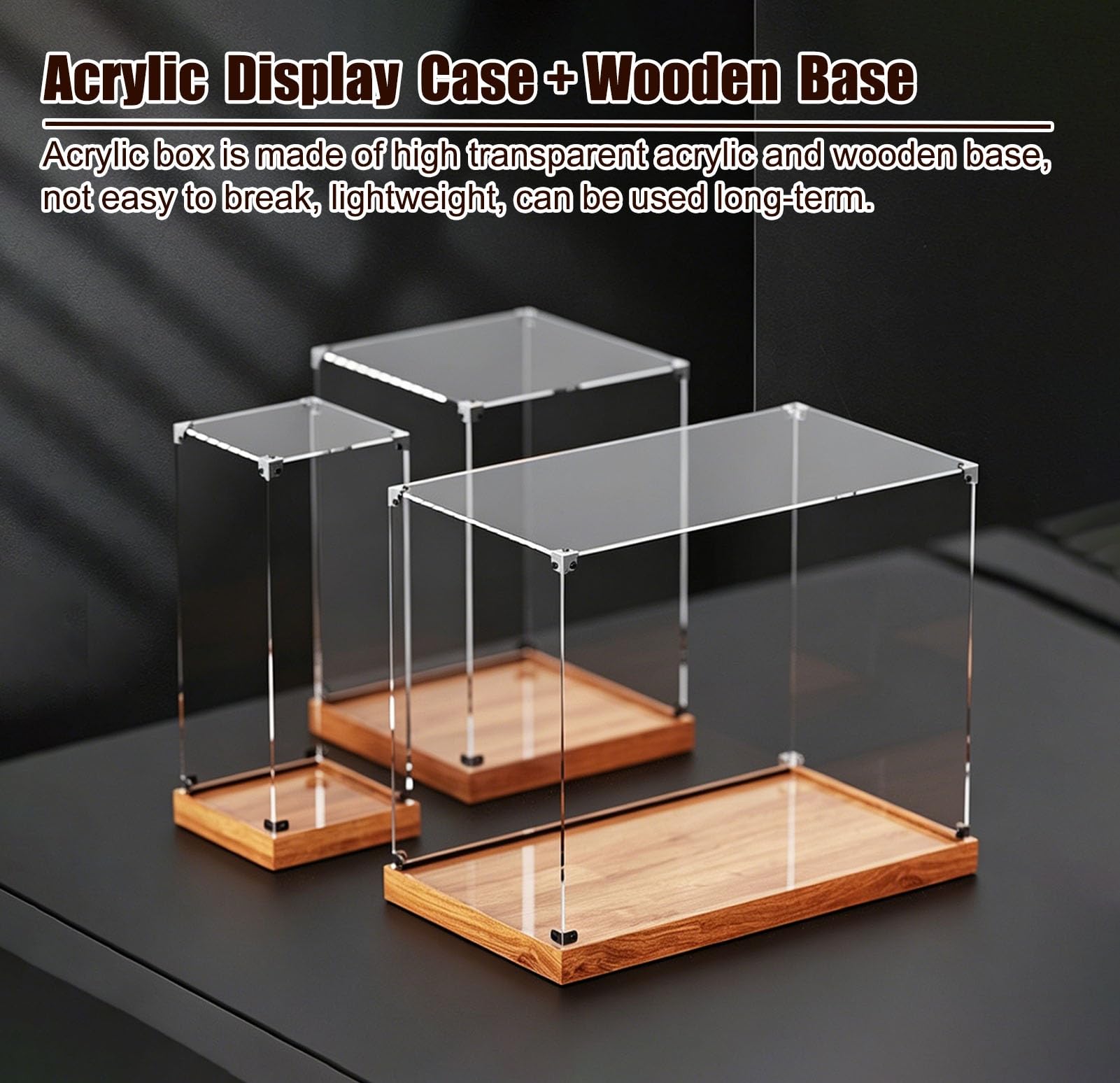 Teca Plexiglass Vetrina per Miniature Diorama, Base in Legno, Vetrina | Scatola da Appoggio in Acrilico con Base in Legno, Organizer Lungo 15 30 35 45 50 55 60 70 80 cm, Mobile per Opere D'arte
