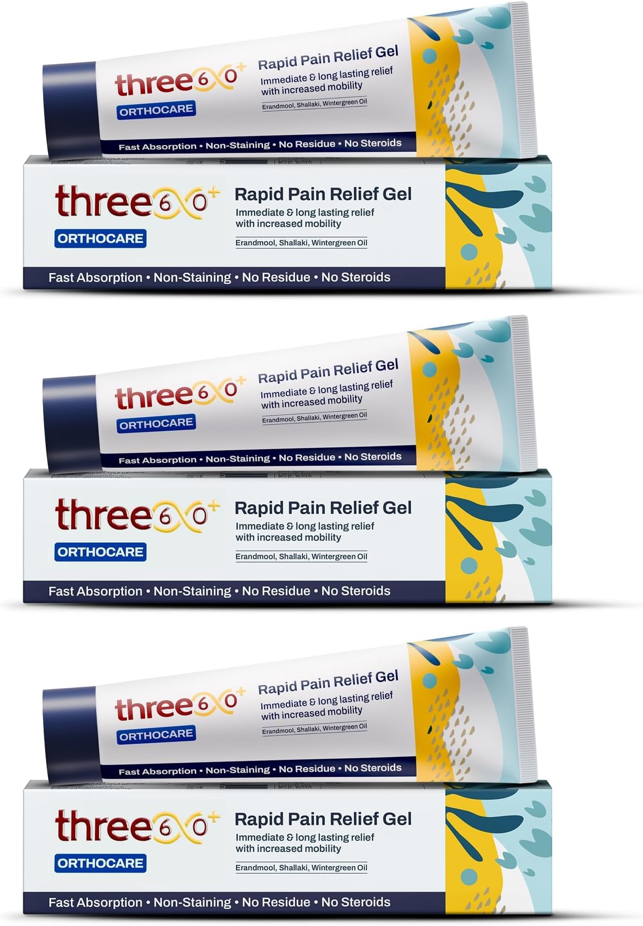three60+ RAPID PAIN RELIEF Gel | Get Immediate and Long Lasting Relief from Arthritis Pain | Erandmool, Nirgundi, Wintergreen Oil, and Shallaki | Fast-Absorption | Non-Staining | 50g Gel Pack of 3