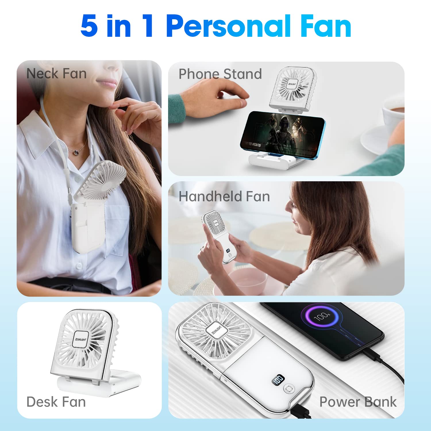 Ventilador de mano portátil 5 en 1 mejorado, ventilador de collar, mini ventilador de escritorio, soporte plegable para teléfono, alimentación de respaldo de emergencia, ventiladores 2