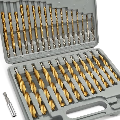 COMOWARE Titanium Impact Drill Bit Set 30Pcs Hex Shank HSS, 1/16"-1/2" | Titanium Coating, 2 Flutes,for Metal Wood Plastic Countersink, for Home DIY,Building, Engineering,with Storage Case