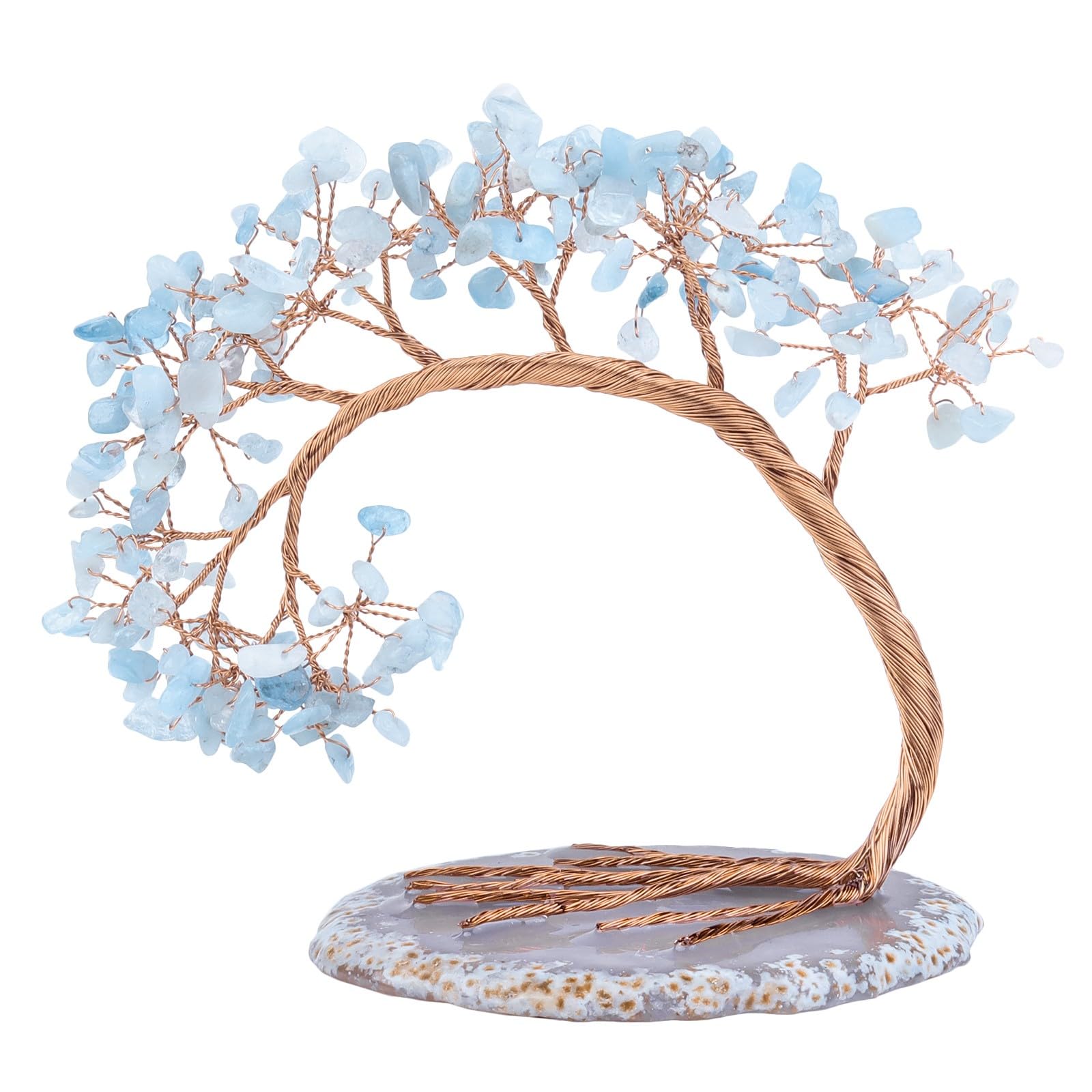 KYEYGWO Aquamarine Crystal Money Tree FengShui Bonsai Figurines with Agate Slices Base