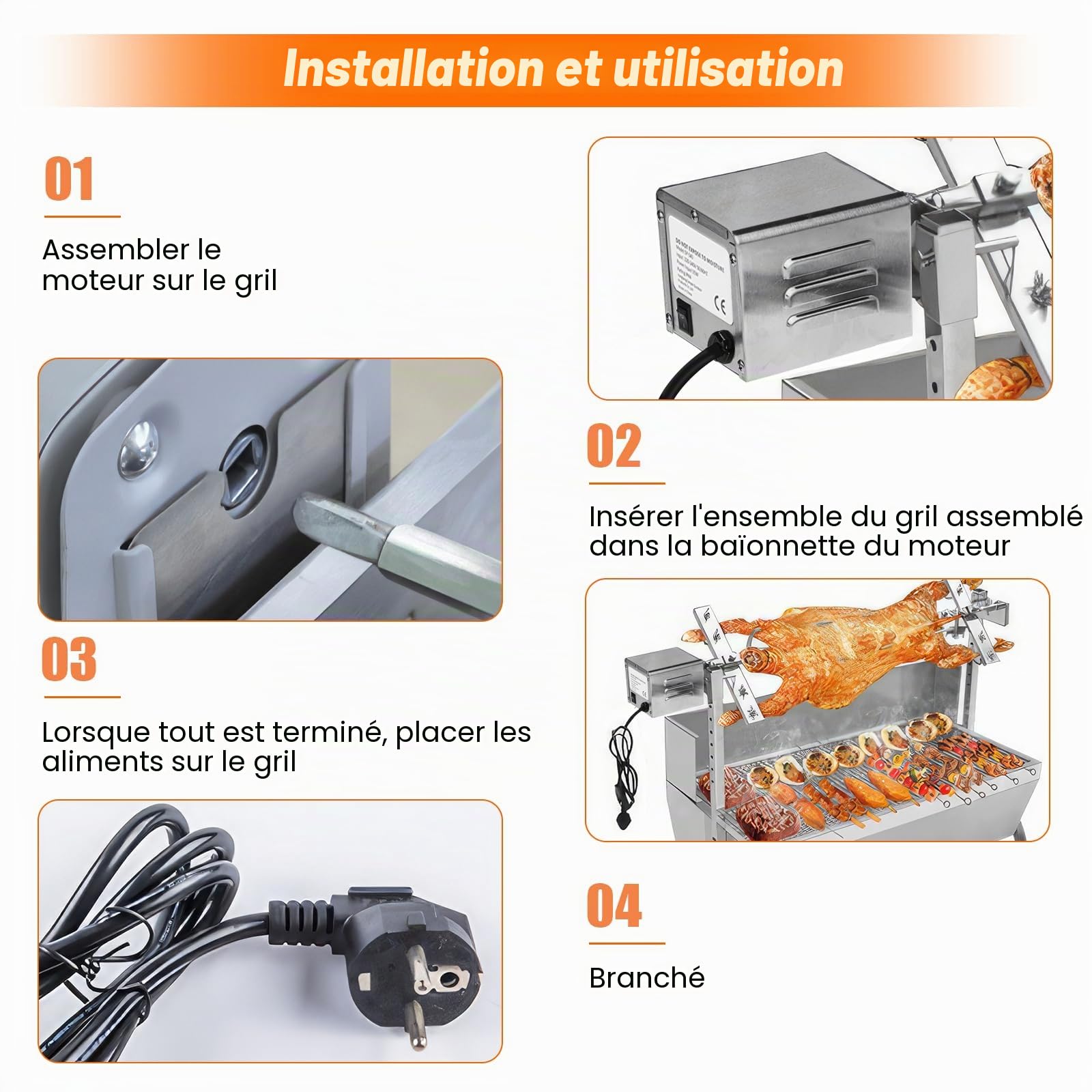 Tourne Broche Barbecue 15w 70kg Moteur Tourne Broche Sp-S40 2.7 RPM Moteur éLectrique pour Barbecue, Poulet, Porc, ChèVre GrilléE à L'ExtéRieur