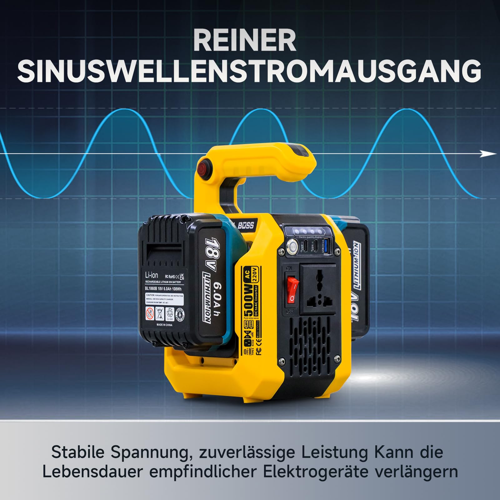 DATOUBOSS 500W Wechselrichter für 18V Akku, DC 18V auf AC 230V, Reiner Sinuswlle Spannungswandler, 4 Ports Stromwandler mit 1 USB-A & 2 USB-C Anschluss, 500LM LED Licht für Camping Notfall