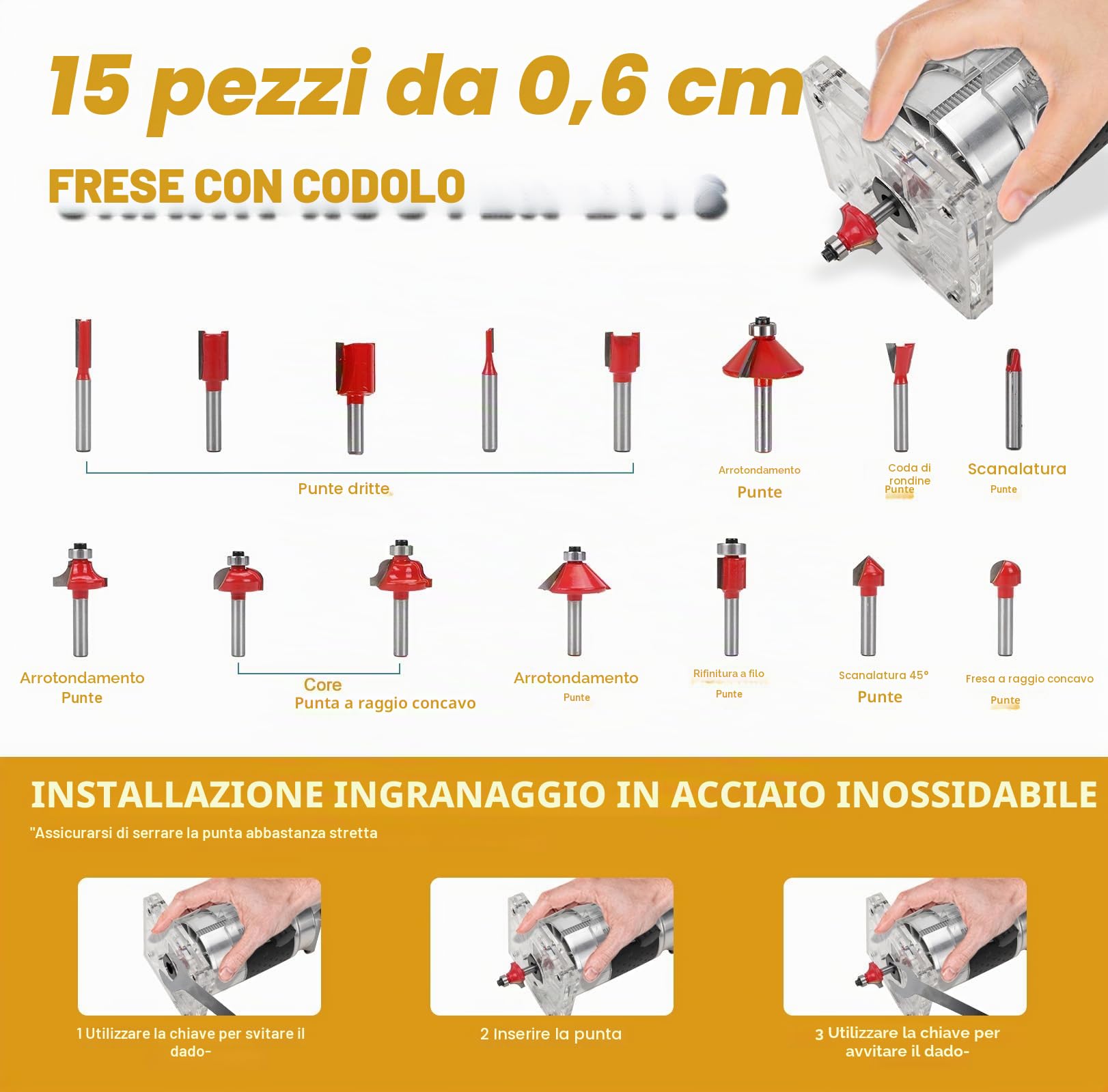 WingFly Fresatrice per Bordi a Batteria per Dewalt 18 V, 20 V, Rifilatore Fresatrice Portatile Senza Spazzole per Lavorazione del Legno, con Set di Frese da 15 Pezzi