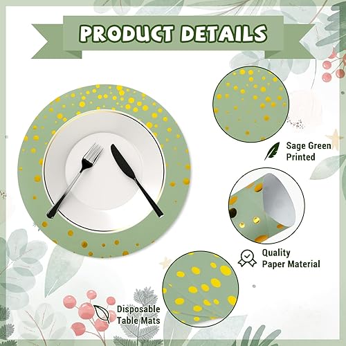 Miniatura 4 de Whaline 50 manteles individuales de papel verde salvia de Navidad de 14 pulgadas desechables de papel dorado con lunares, tapete de papel redondo