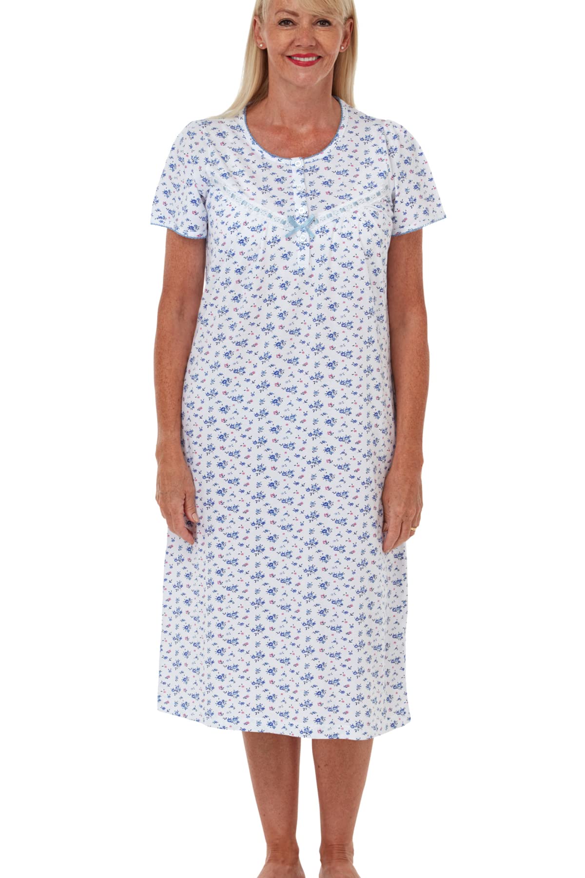 Marlon Women's Maria Nightie – Soft Knitted Jersey Nightdress with Short Sleeves & Button Placket – Pure Cotton or Comfy Easy Care Fabric, Blue, 24-26