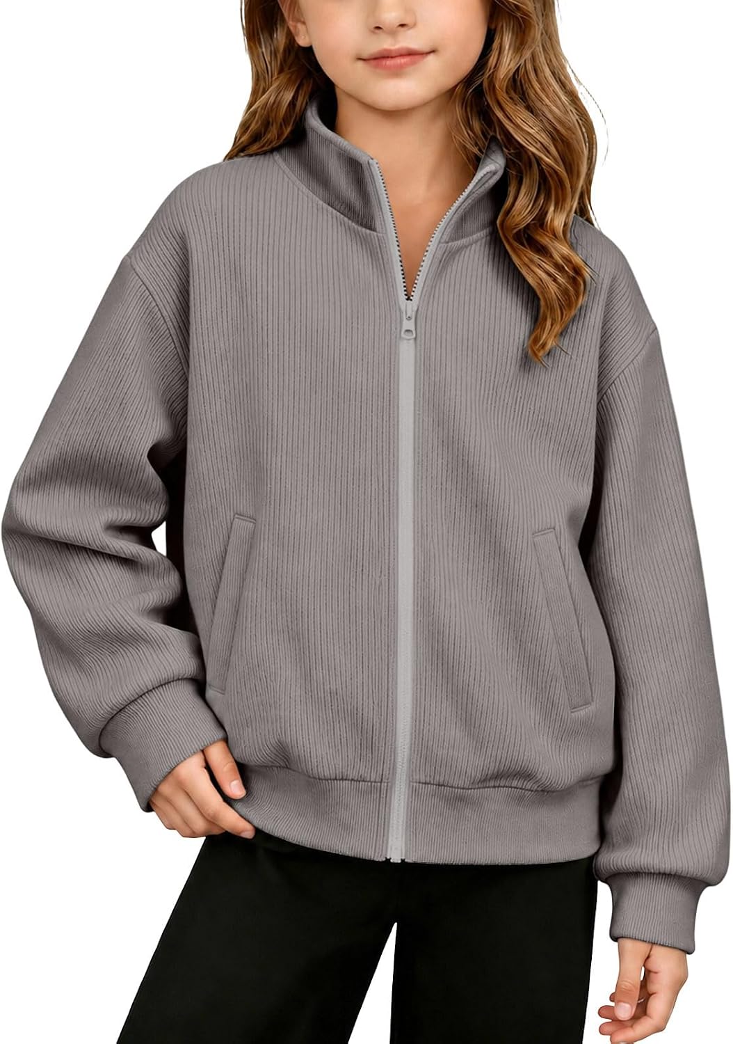 Boys Waffle Knit Full Zip Up Fleece Mock Neck Winter Top