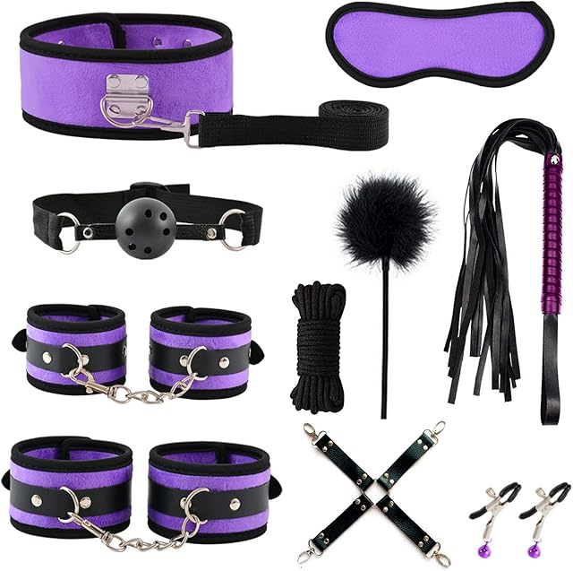 BDSM Bed Restraints Bondage Set Sex Toys, Adult Sex Toys4couples Men & Women, YICOCO 10 Pcs Bondagewear Bedroom Restraints Kit Fetish, Adult SM Sex Games Cuffs Nipple Clamps Flogger Ball Gag Cosplay