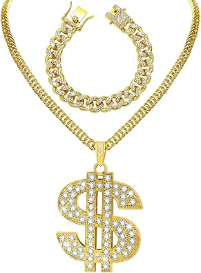 2 Pcs Cuban Link Gold Chain Necklace Set, 80s 90s Costume Jewelry With Big Fake Gold Chains, Dollar Sign Pendant, Hip Hop Rapper Costume Accessories for Men Women Halloween Party