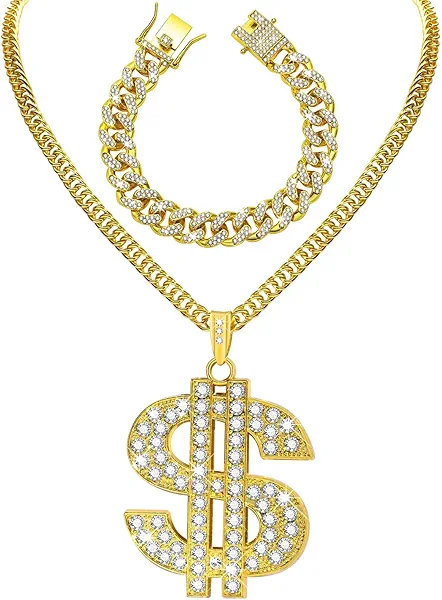 2 Pcs Cuban Link Gold Chain Necklace Set, 80s 90s Costume Jewelry With Big Fake Gold Chains, Dollar Sign Pendant, Hip Hop Rapper Costume Accessories for Men Women Halloween Party