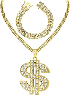 2 Pcs Cuban Link Gold Chain Necklace Set, 80s 90s Costume Jewelry With Big Fake Gold Chains, Dollar Sign Pendant, Hip Hop Rapper Costume Accessories for Men Women Halloween Party