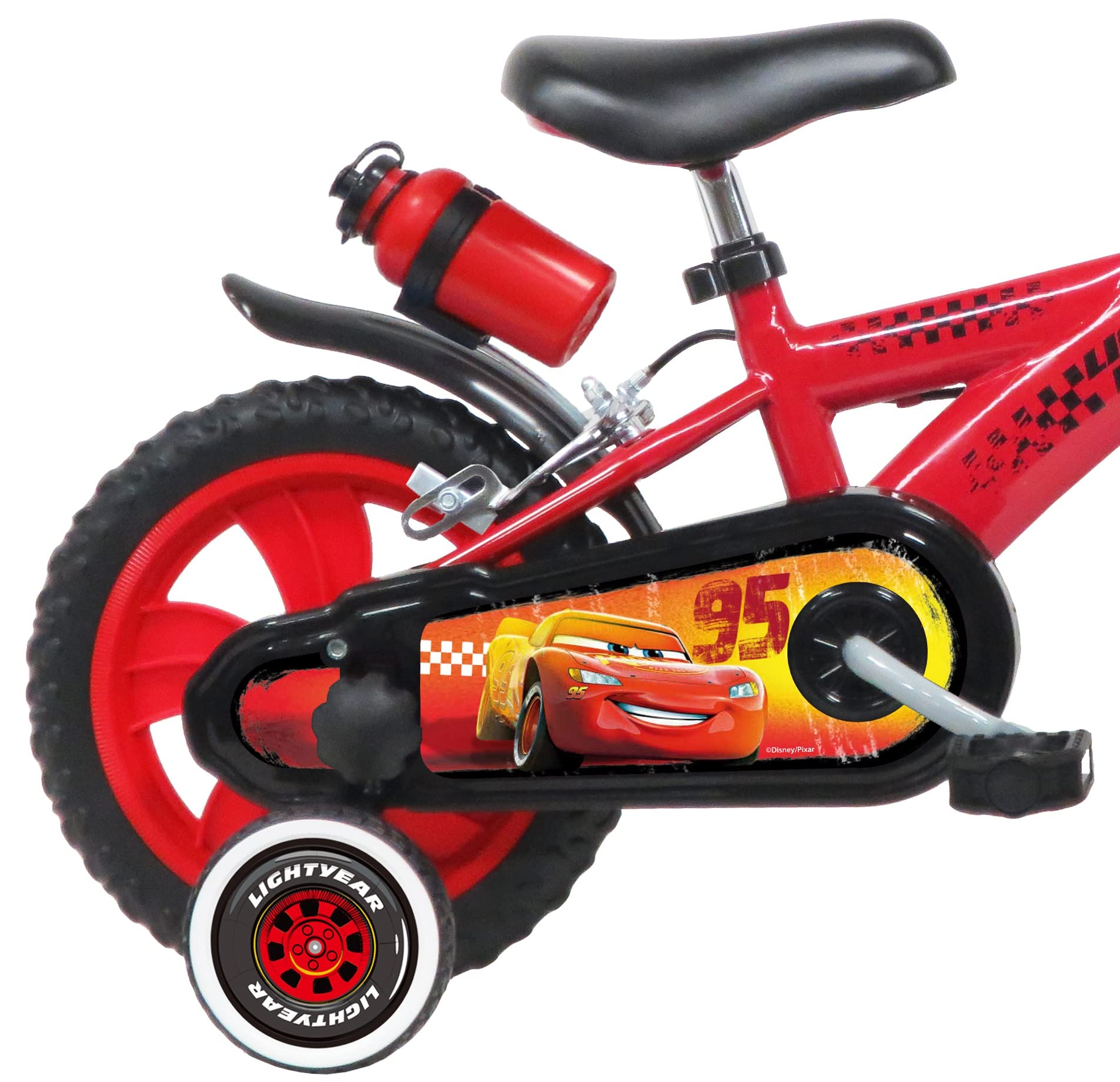Vélo 12'' Cars MC Queen équipé de 2 Freins, Plaque Avant décorative, Garde boues, Carter et stabilisateurs + Bidon et Porte Bidon arrière.