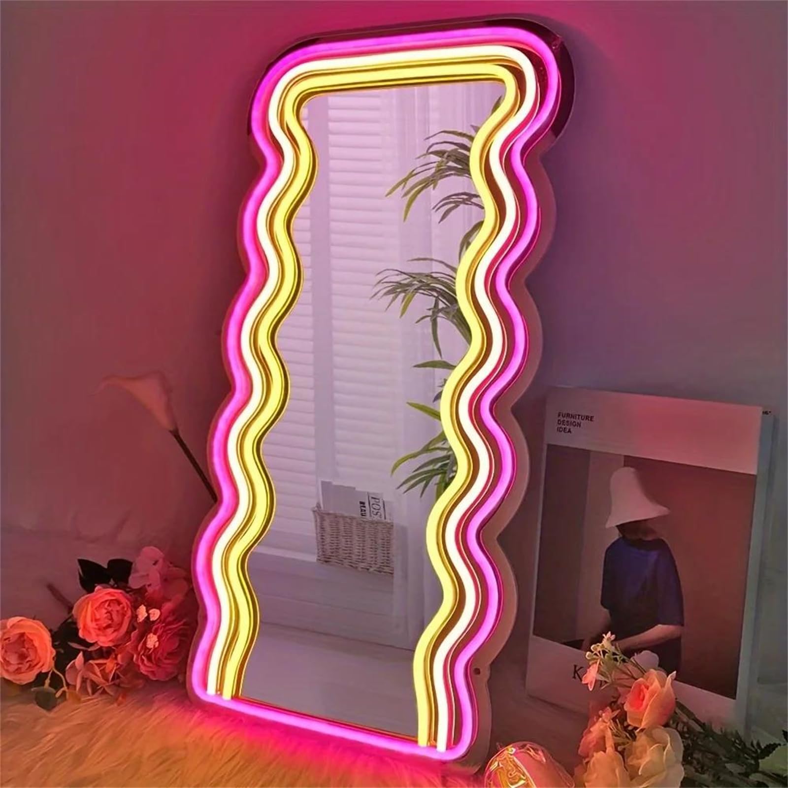 B,Panneau néon LED avec Miroir ondulé alimenté par USB pour Coiffeuse décoration Murale Chambre à Coucher Cadeaux artistiques décoration Table Maquillage Cadeaux d'anniversaire