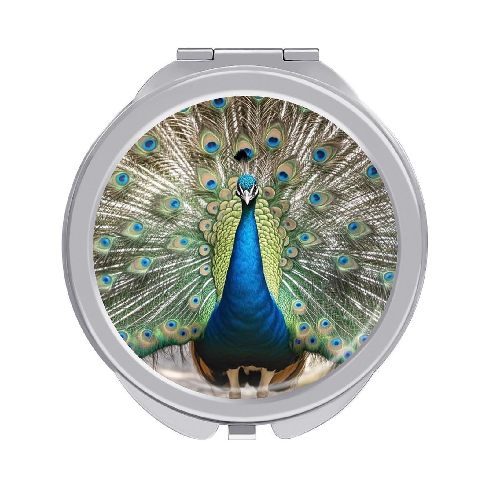 FekiLoot Peacock Pattern Travel Makeup Mirror for Women Folding Portable Hand Compact Mirrors Small Round Vanity Mirror 1X/2X Magnifying Metal Pocket Makeup Mirrors