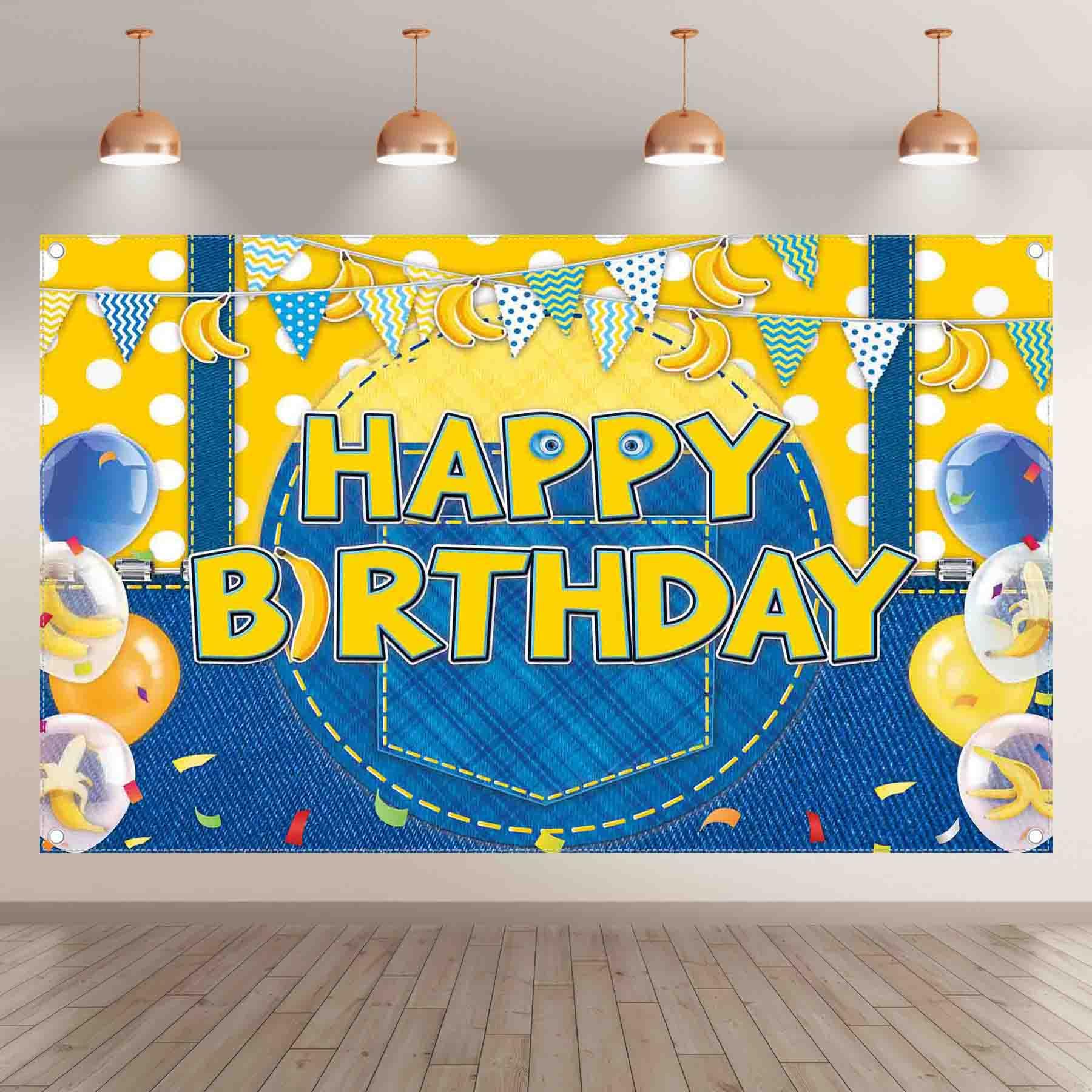 Yellow Cartoon Birthday Decorations Kit - Backdrop & Balloon Arch With Blue, Yellow & White Balloons
