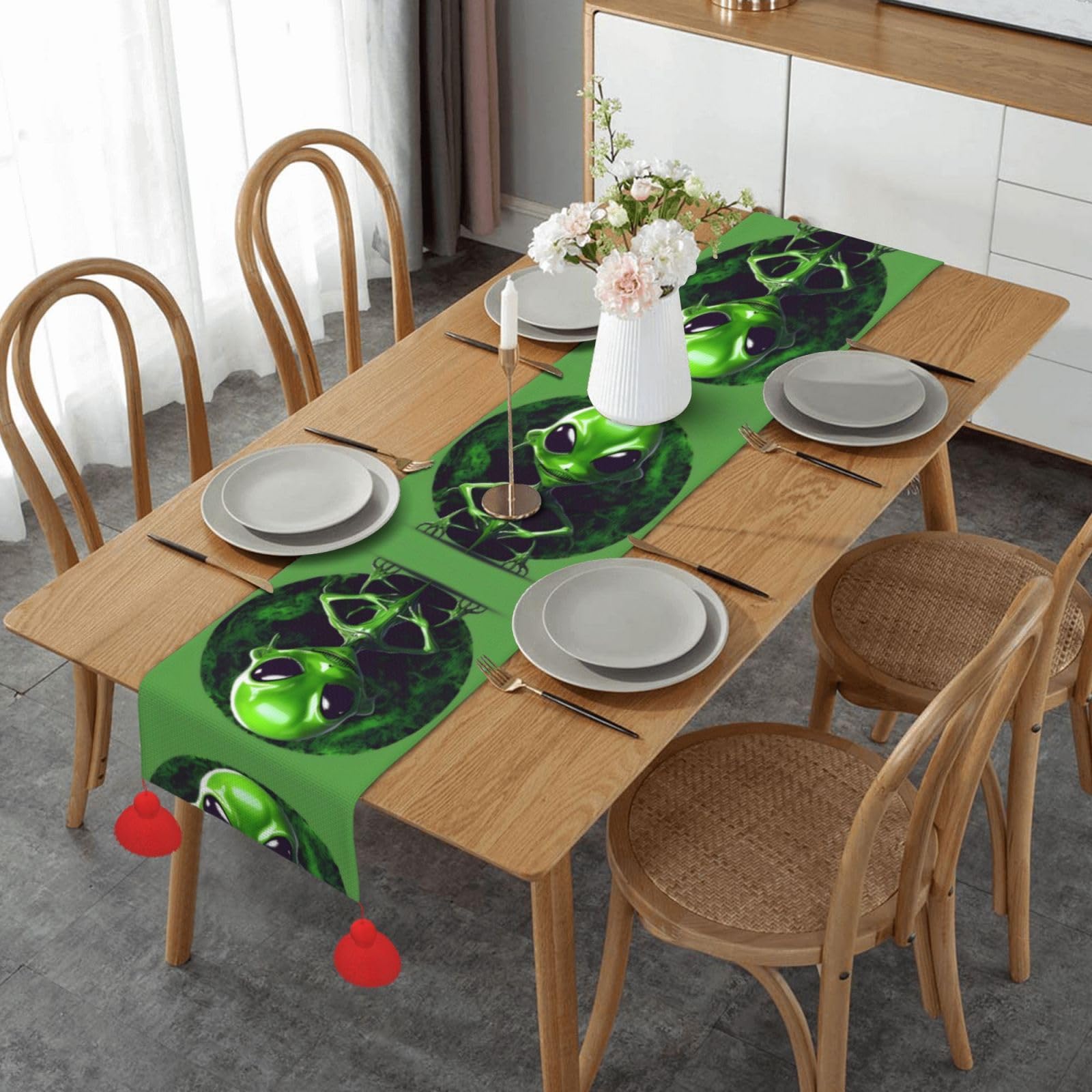 Chemin de table rustique haut de gamme alien vert imprimé pour grand buffet