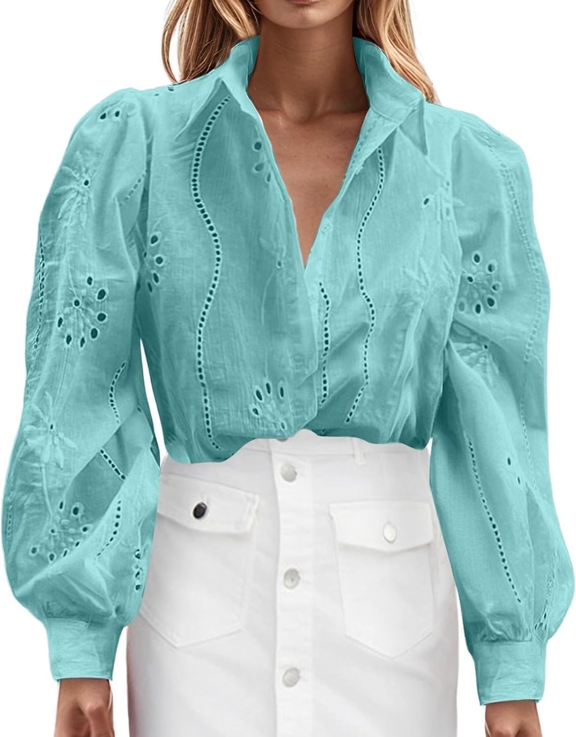 Hollow Out Shirts for Women Lapel Button Down Puffed Sleeve Blouse Casual Flower Petal Business Work Out Tops