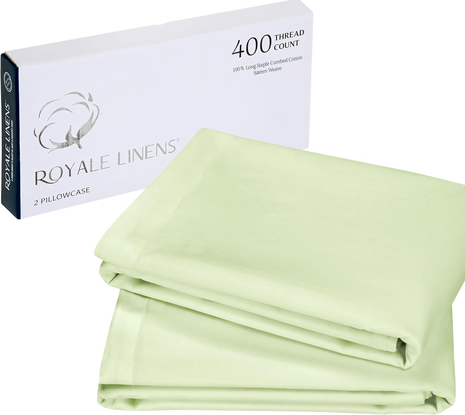 Royale Linens 400 Thread Count 100% American Grown Cotton King Pillowcase Set - Luxury Sateen King Pillow case - 20"x40" Inch Soft & Smooth Set of 2 Green Pillowcases - (King, Florentine Sage)