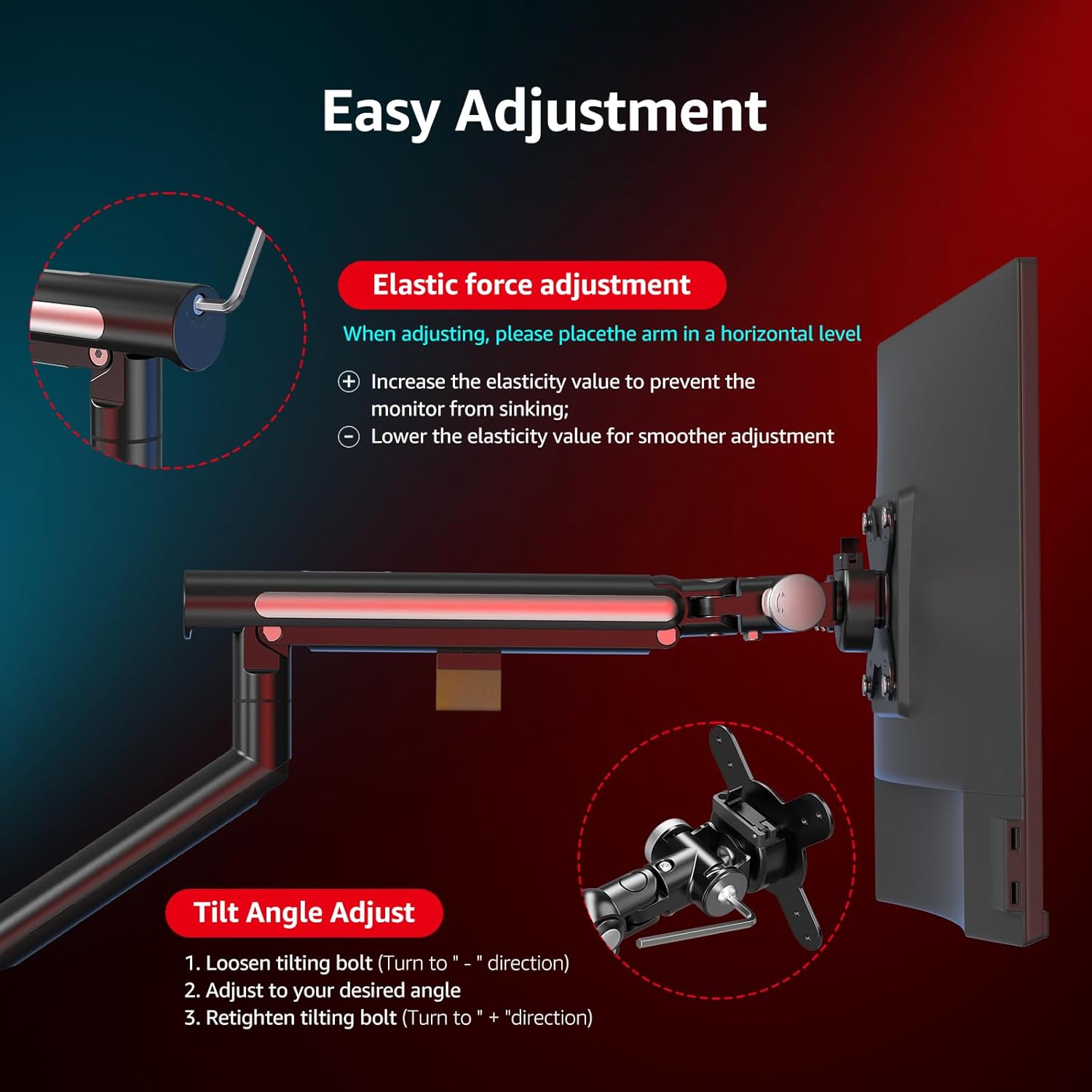 Monitor Arm Stand, 24 to 43 Inch Single Monitor Mount, C Clamp Only, Mechanical Spring Desk Mount, Holds 6.6-26.4 lbs, Fit 75x75/100x100 VESA,(Black)