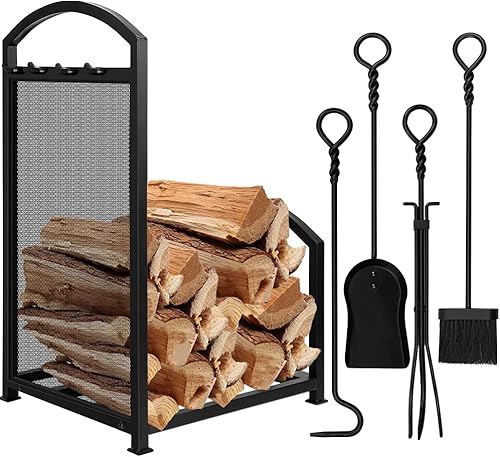 AMAGABELI GARDEN & HOME Juego de herramientas para chimenea de 30.7 pulgadas para interiores y exteriores, soportes de madera para almacenamiento de
