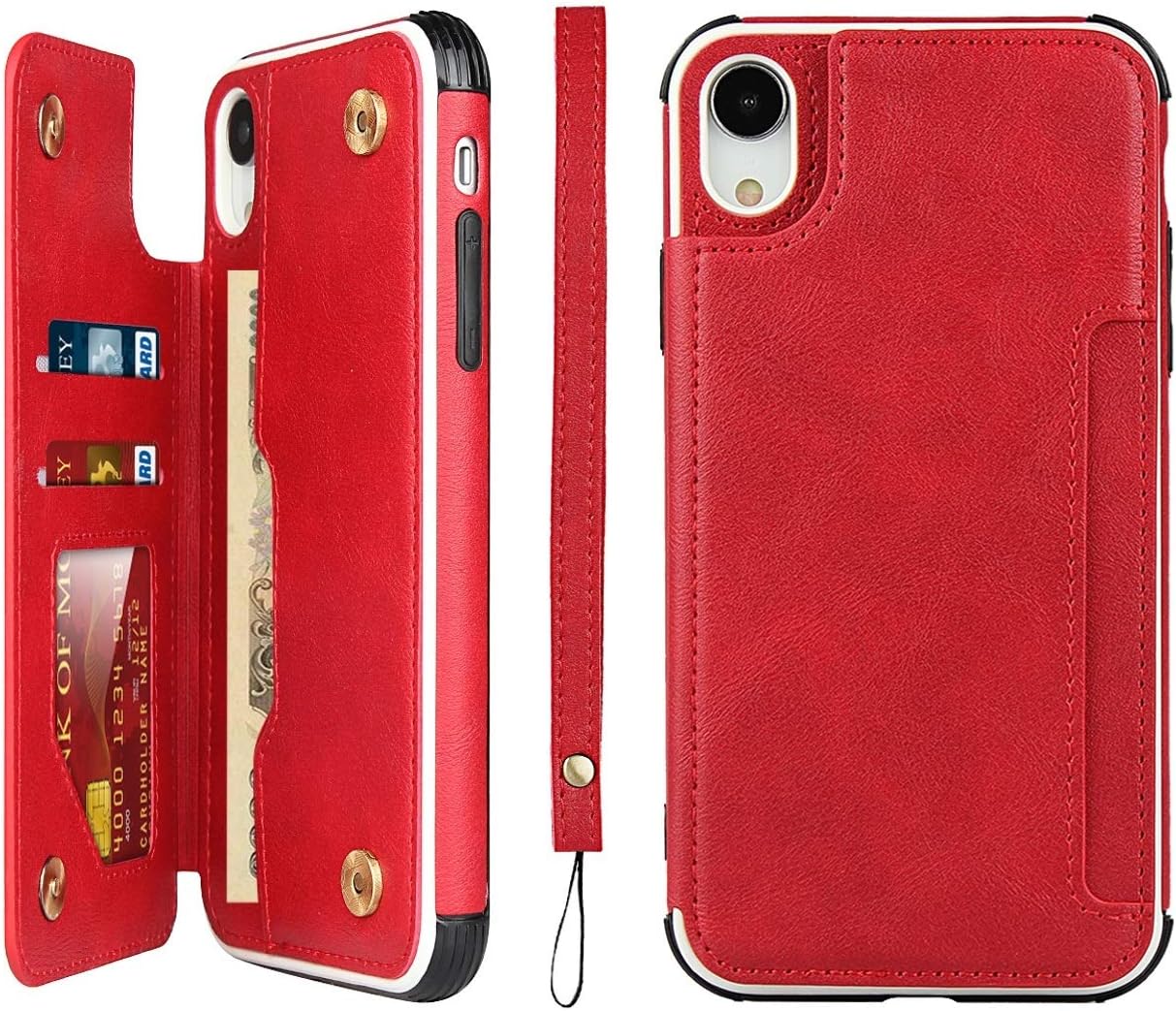 iCoverCase Compatible with iPhone XR Wallet Phone Case with Card Holder and Wrist Strap PU Leather Magnetic Clasp Shockproof Case 6.1 Inch (Red)