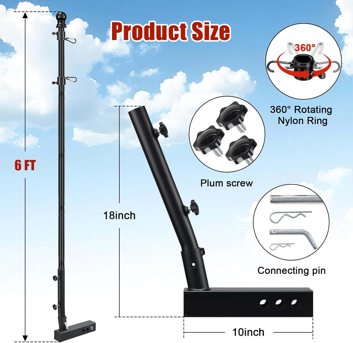 Truck Flag Pole Kit with American Flag & Trailer Hitch Holder - 6ft Stainless Steel Heavy Duty Flagpole, 3x5 Embroidered USA Flag, Dual-Angle Hitch Holder for Trucks, SUVs, Jeeps, Black