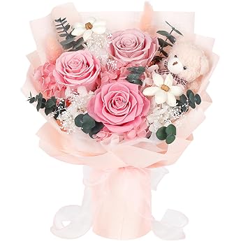 Preserved Bouquet with Bear 3 Infinity Roses Pink Rose Bouquet Gifts for Women Valentine's Day Mother's Day Anniversary and Birthday Gift for Girlfriend Girls Mum
