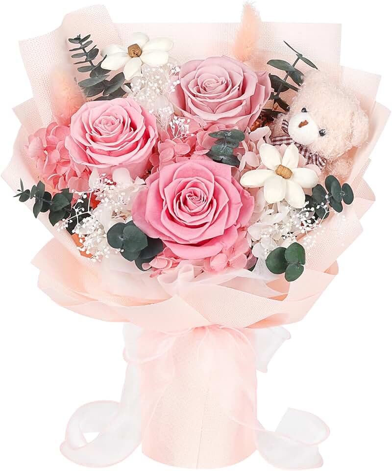 Preserved Flower Bouquet with Bear