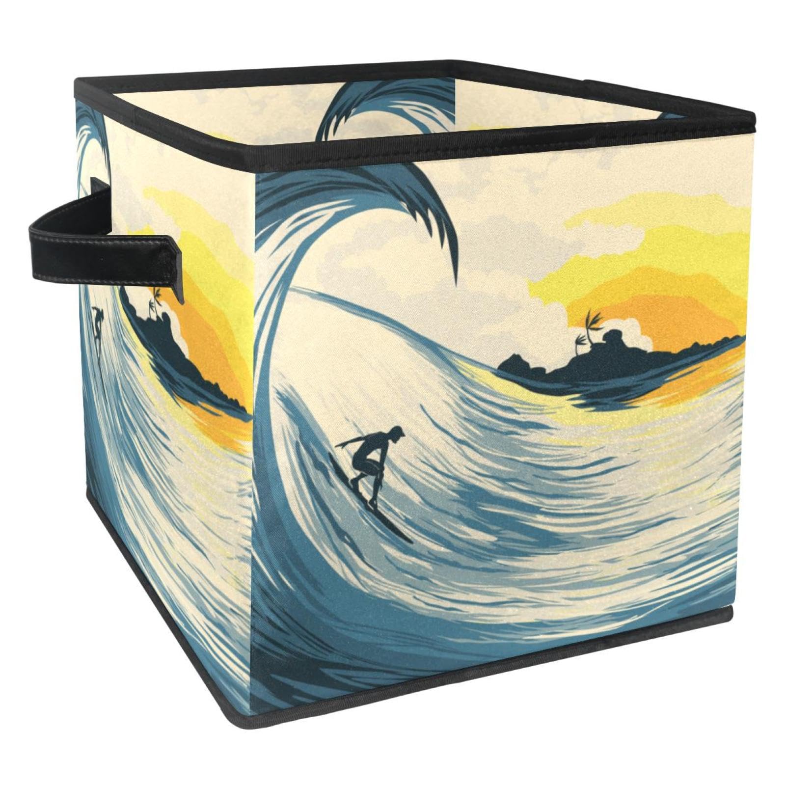 Boîte de rangement pliable cube en tissu motif surf avec poignées