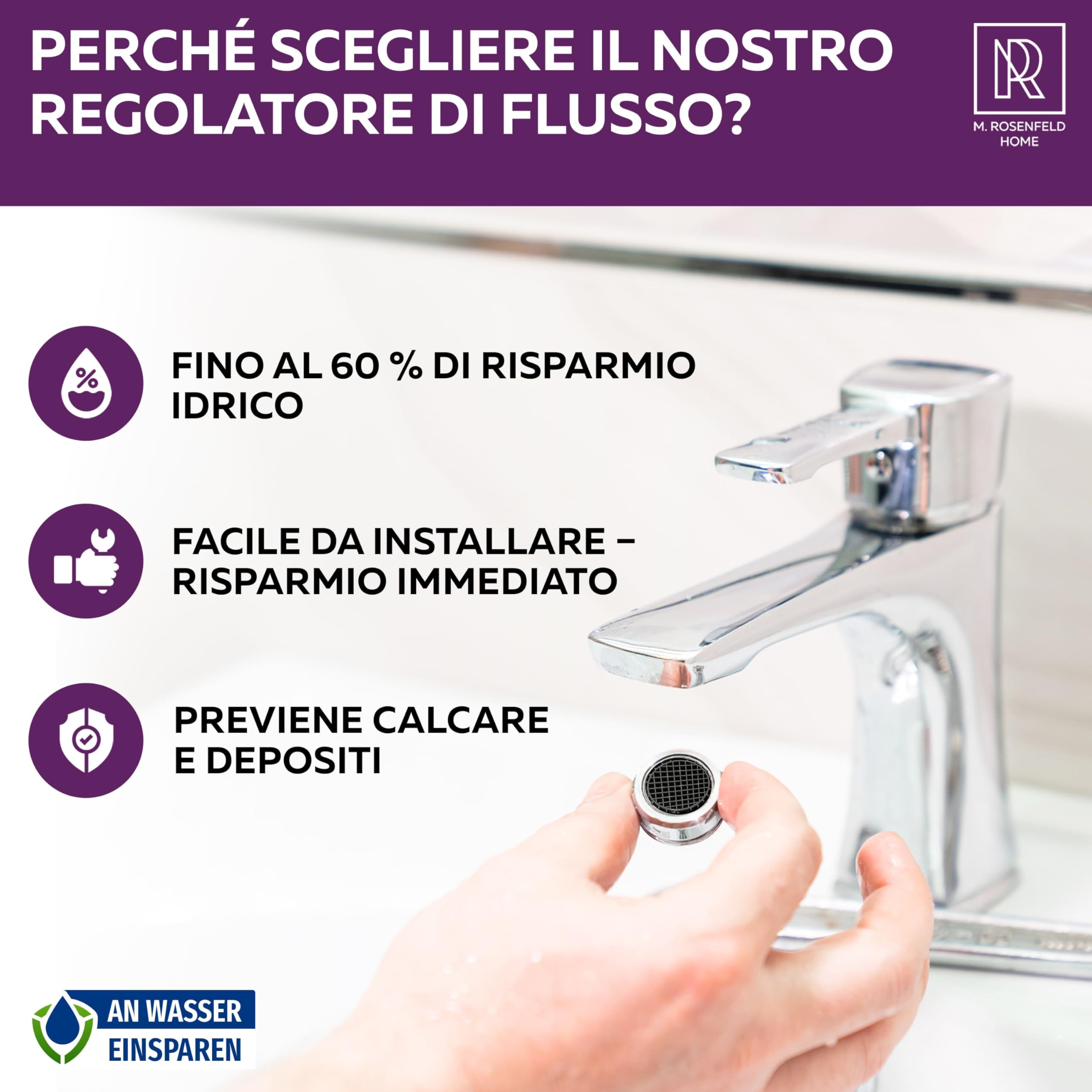 Prodotto Italiano - Rompigetto Rubinetto Cucina M24 - Aeratore per Rubinetto High-Tech - Risparmio Idrico e Filtrazione - Flusso d'Acqua 5 L/min - Anticalcare per Rubinetti da Cucina e Bagno