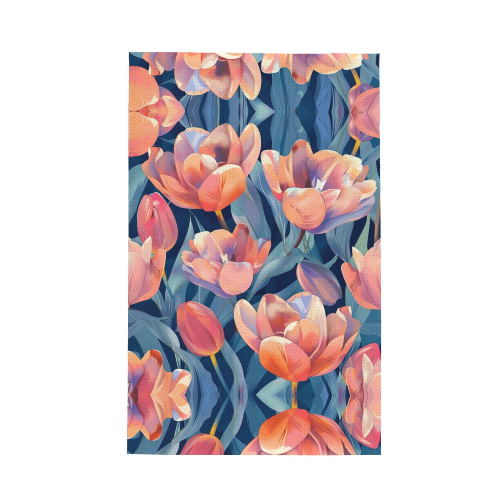 Xxahnbm Black Dreamy Indigo Coral Tulips Print Waffle Kitchen Towel,Absorbent Hand Towel
