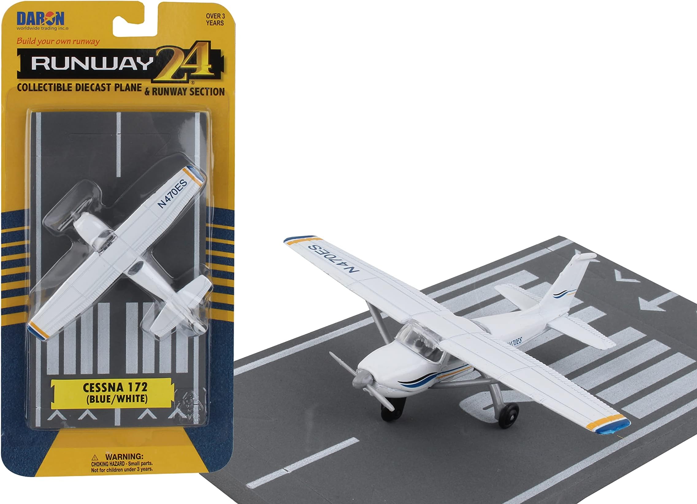 Daron Runway24 Cessna 172 Skyhawk Blue & White 1:87 Scale Die-Cast Airplane Model with Runway – Realistic Toy Aircraft for Kids & Collectors Ages 3+
