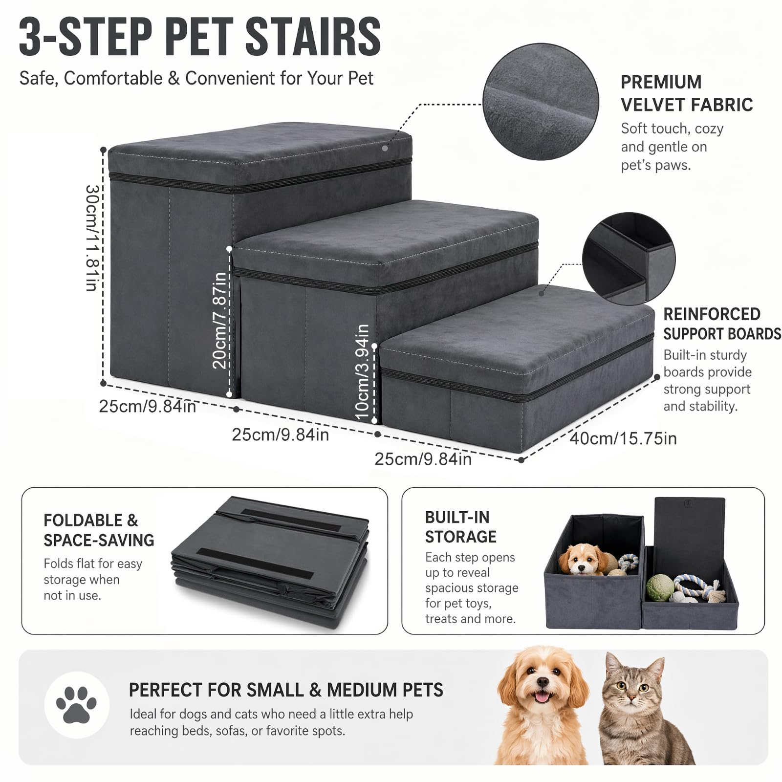 Hundetreppe mit Stauraum, faltbar, 3 Stufen, rutschfeste breite Hunderampe, Haustiertreppe für Bett und Sofa, Haustierleiter für kleine & große Hunde & Katzen (75 × 40 × 30 cm)