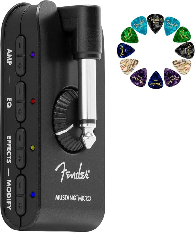 Fender Mustang Micro amplificador de guitarra personal con púas exclusivas de Austin Bazaar, paquete de 12