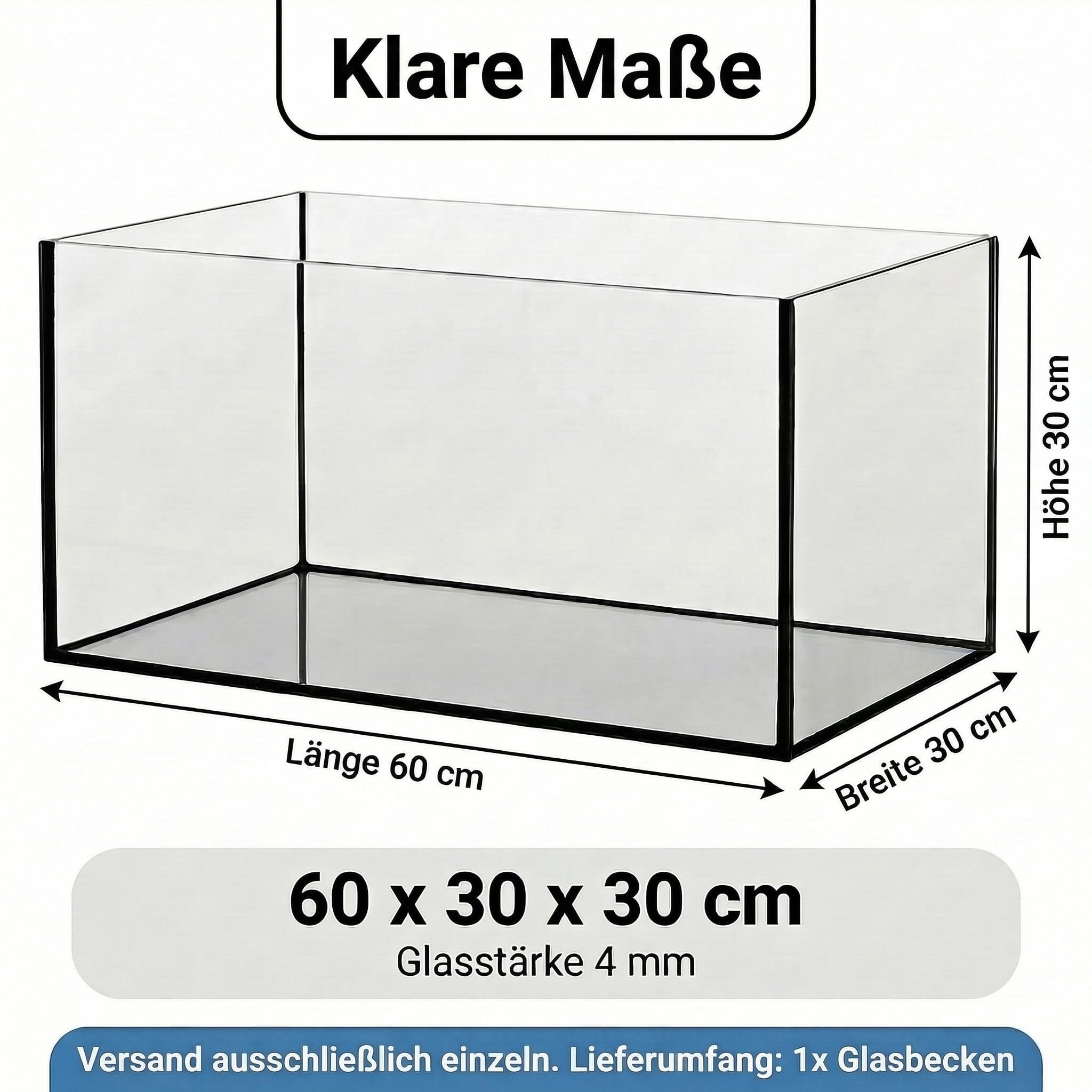 Pondlife Aquarium 60x30x30 cm Glasbecken 4 mm Floatglas geschliffene polierte Kanten Schwarze Silikonverklebung Süß- Meerwasser Terrarium