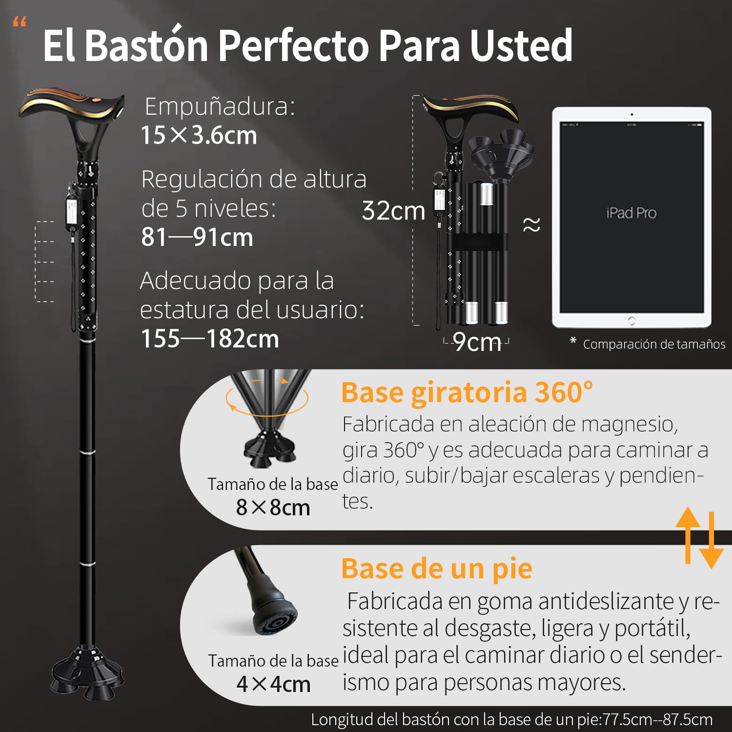Bastón plegable multifuncional con luz, bastones de moda para mujeres y hombres, bastones ajustables para personas mayores, carga directa USB, ligero y portátil