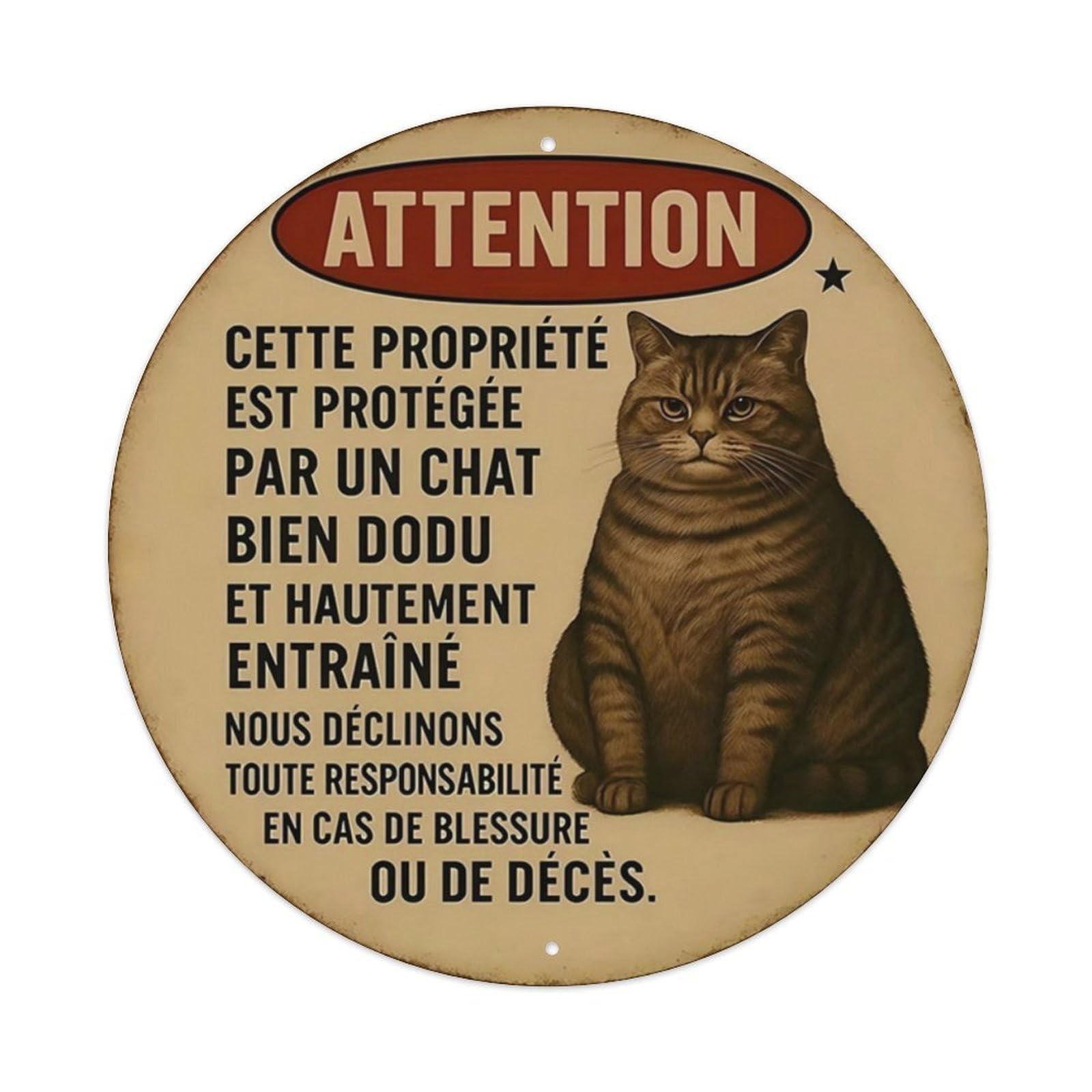French Fat Cat Warning Aluminium Sign 20x20cm