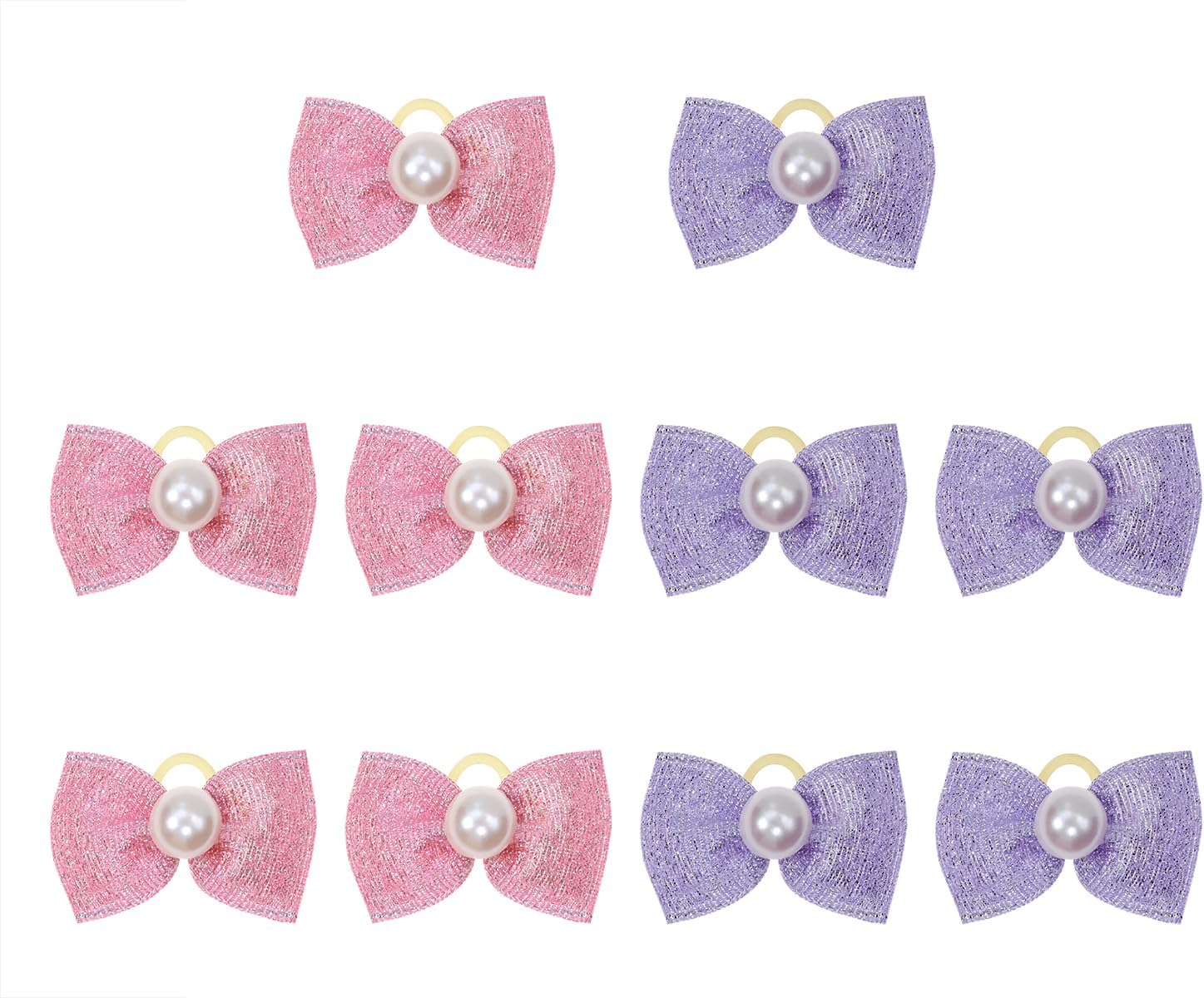 ONLYKXY 10pcs Glitter Pet Grooming Bow with Rubber Band Mini Elastic Hair Tie Hair Rope Cute Flower Bowknot Accessory for Styling Holiday Photo Dog Cat Party Craft Handmade Sewing Gift (Pink & Purple)