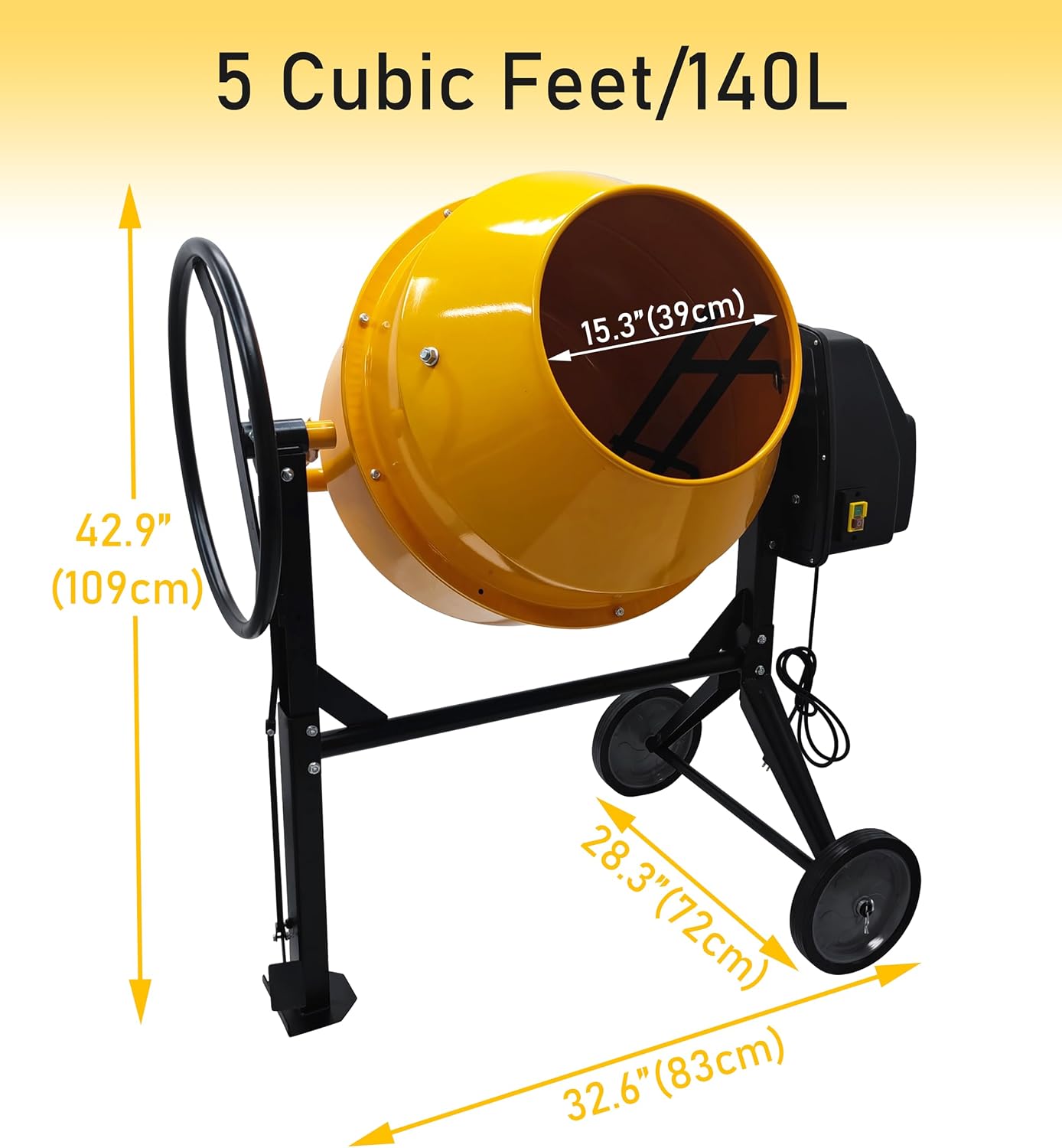 TECHTONGDA Cement Mixer Electric Concrete Drum Mortar Steel 5 Cubic Feet/140L for Cement Sand Rock Fodder Stucco