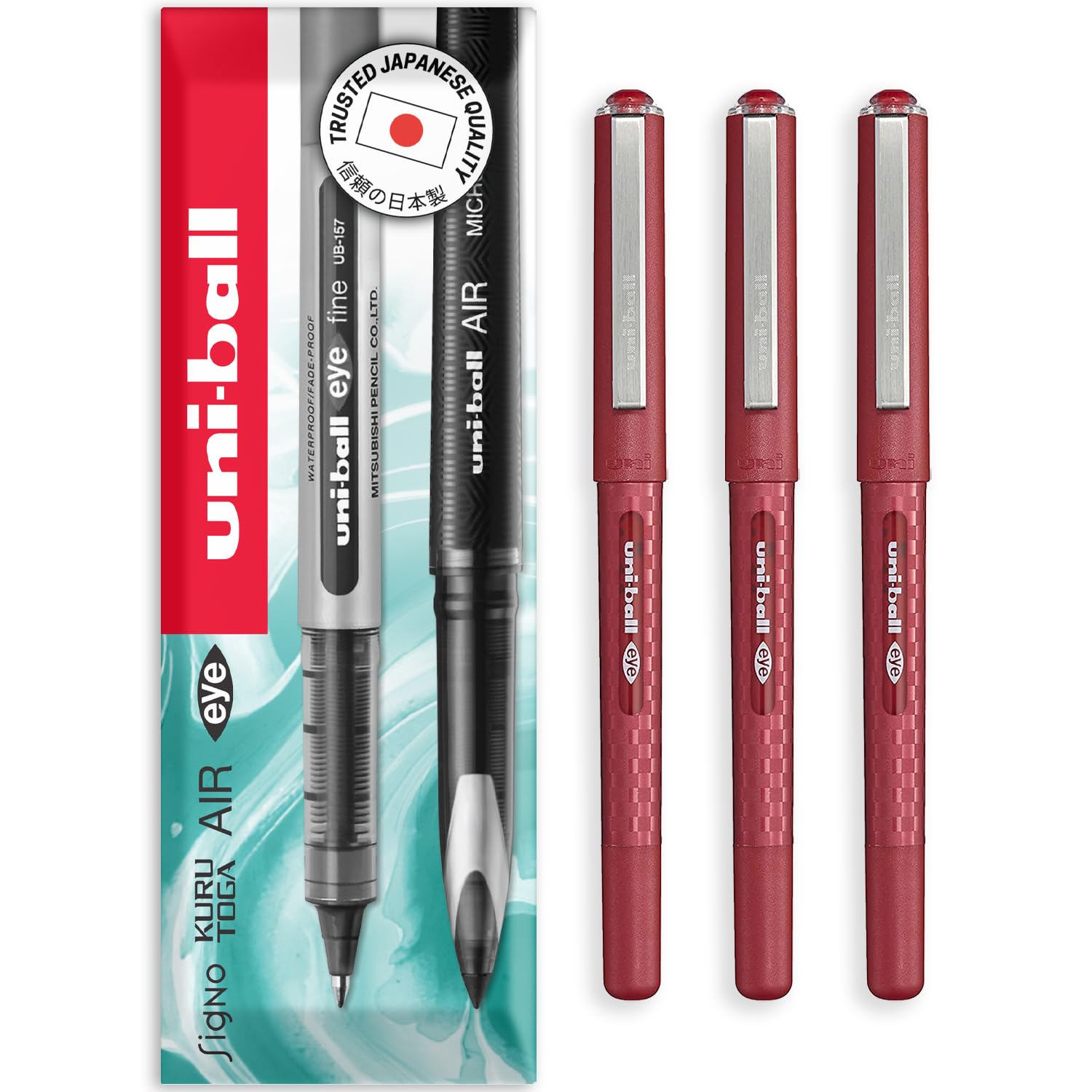 uni-ball EYE - UB-157D Liquid Ink Rollerball Pens - 0.7mm Nib - In Envelope Gift Packaging (Pack of 3, Red)