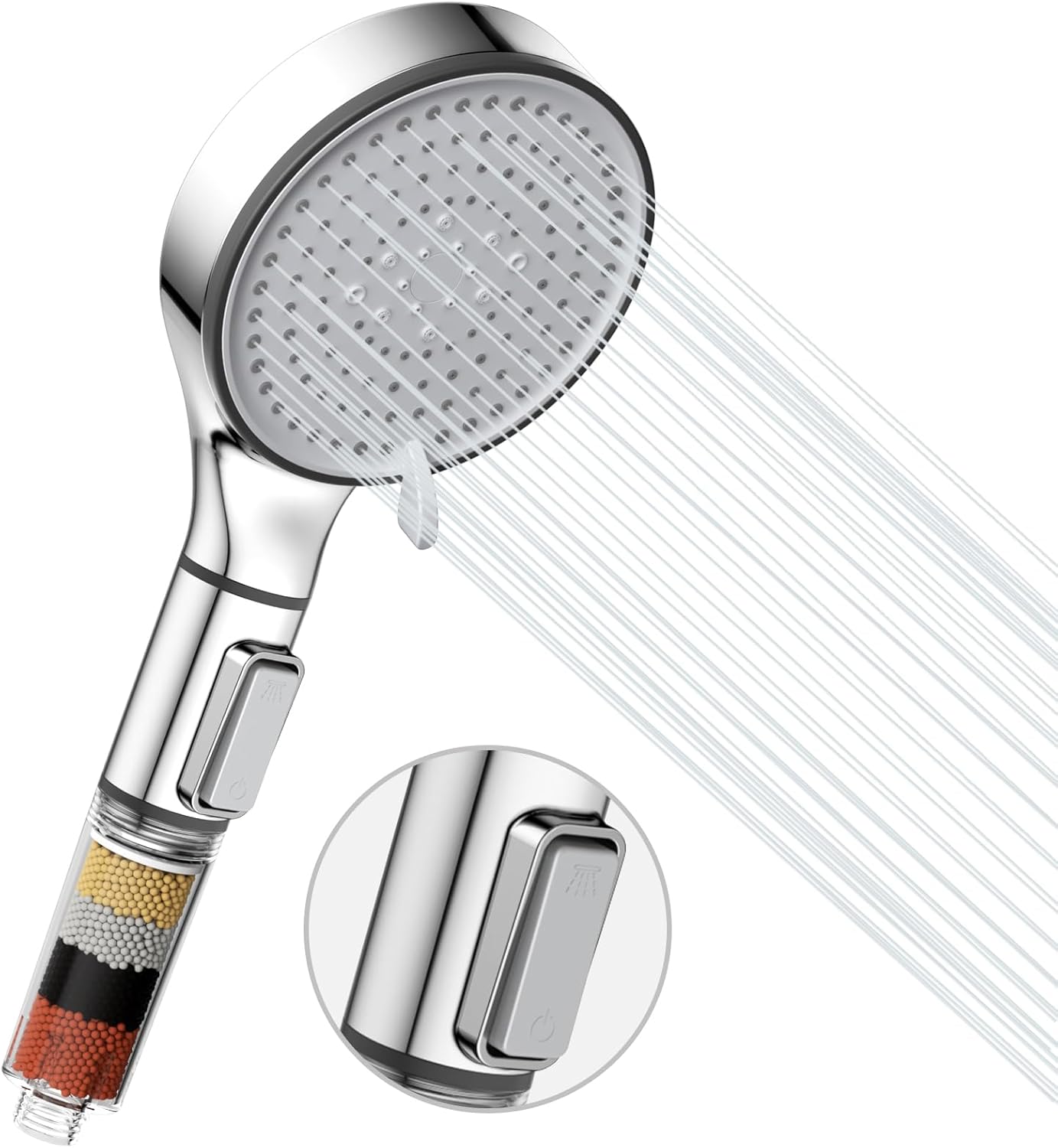 Filtered Shower Head with Handheld, HURRAN 5-Spray Mode High Pressure Shower Heads with Filter, Detachable Handheld Showerhead with ON/OFF Switch, Water Softener Filters Beads Replacement (Head ONLY)